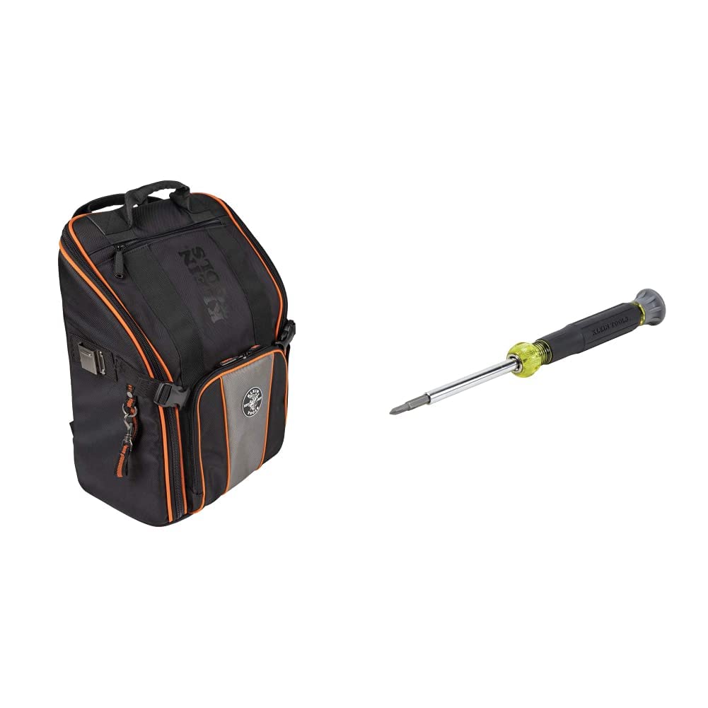 Klein Tools 55482 Heavy Duty Tradesman Pro Tool Backpack Organizer & 32581 4-in-1 Electronics Screwdriver Set with Precision Bits (2 Slotted, 2 Phillips) - Perfect for Electricians, Technicians & DIY Home Repairs
