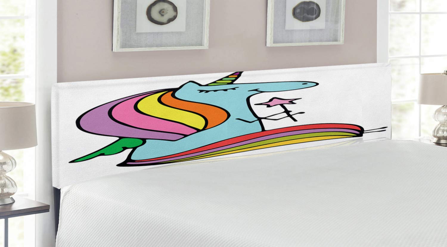 Ambesonne Unicorn Headboard - King Size Upholstered Metal Bed Frame with Memory Foam | Colorful Mythical Horse Doodle Design with Magic Wand | Bedroom Decor for Kids & Fantasy Theme Rooms