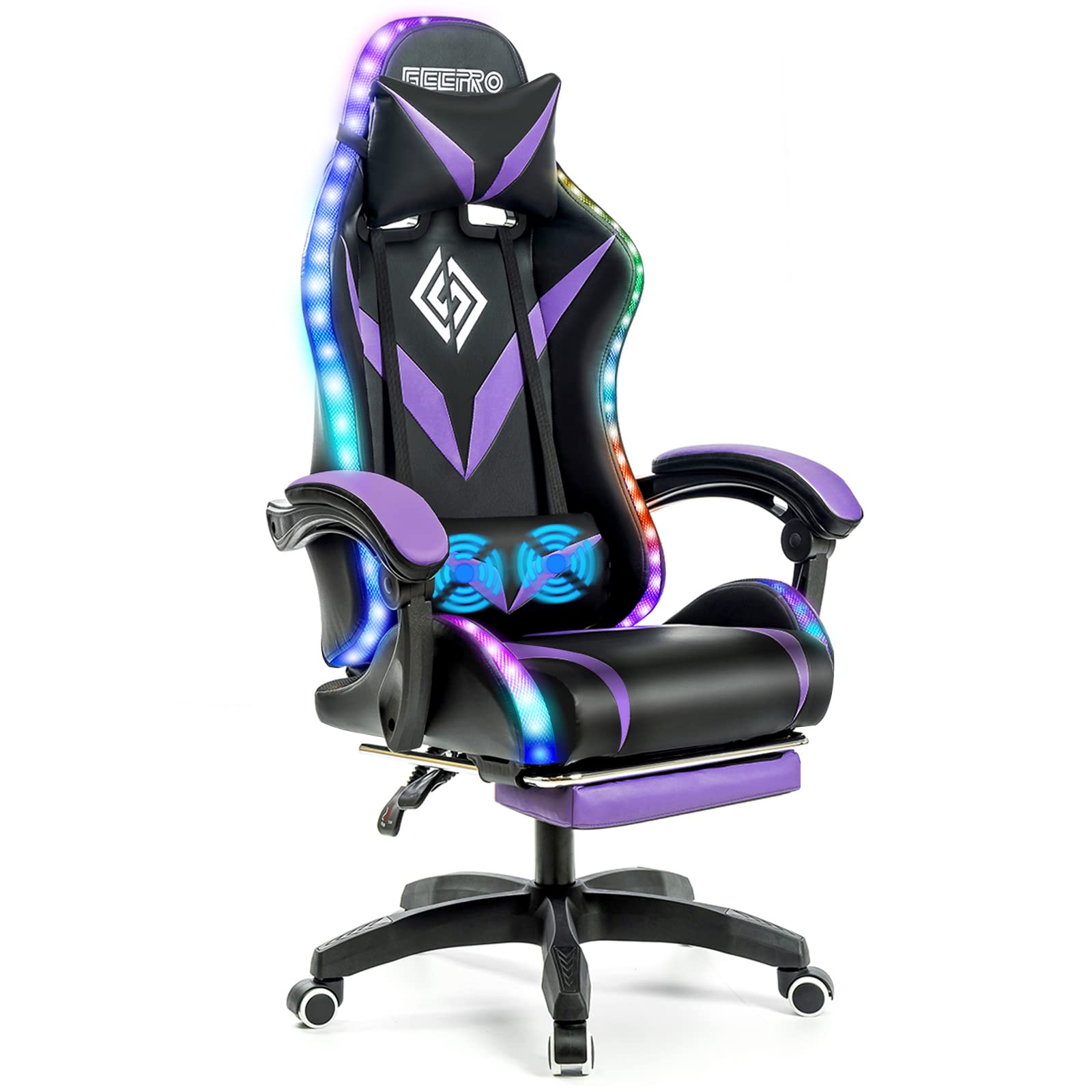 Geepro Ergonomic Gaming Chair with Massage & RGB LED Lights - High Back Computer Chair with Adjustable Lumbar Support, Footrest & Linkage Armrest - Purple & Black for PC Gaming, Office Work & Home Entertainment