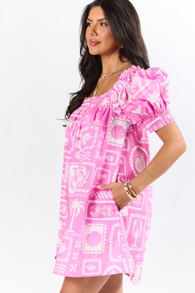 Shore ly Yours Pink & White Icon Print Summer Dress - Women's Flowy Beach Cover Up, Party Outfit & Vacation Wear
