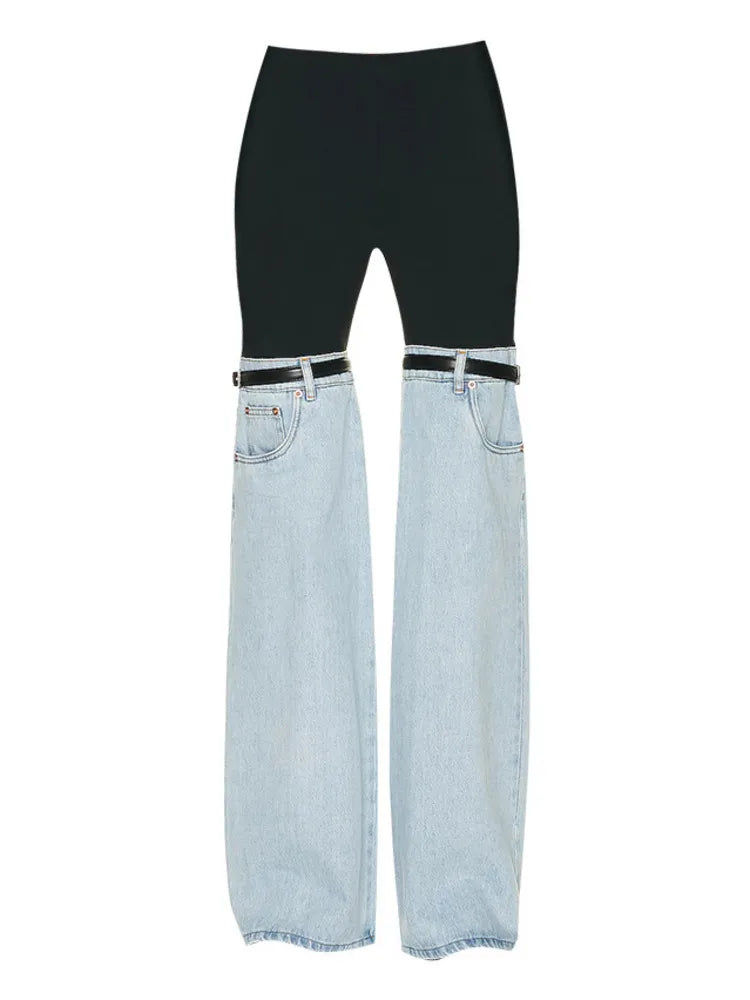DEAT Fashion Women's High Waist Straight Leg Jeans with PU Leather Patchwork & Buckle Details - Trendy Streetwear Denim Pants for Spring 2023 | Perfect for Casual Outings, Parties and Everyday Wear