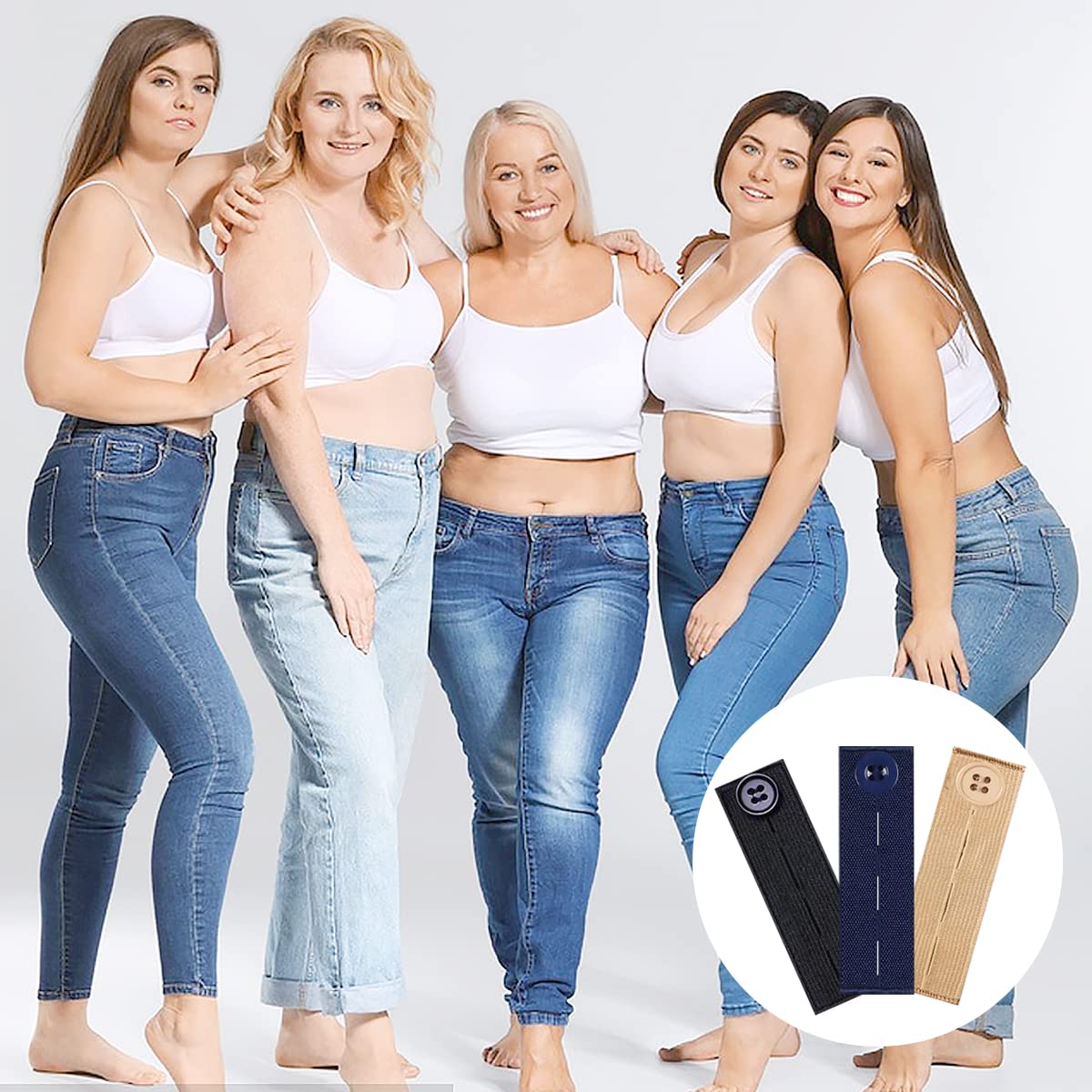 Elastic Waist Extenders for Pants - 8 Pack Adjustable Belt Extender for Women & Men - Works with Jeans, Dresses & Button Pants (Black, Blue, Khaki) - Perfect for Travel, Pregnancy & Weight Fluctuations