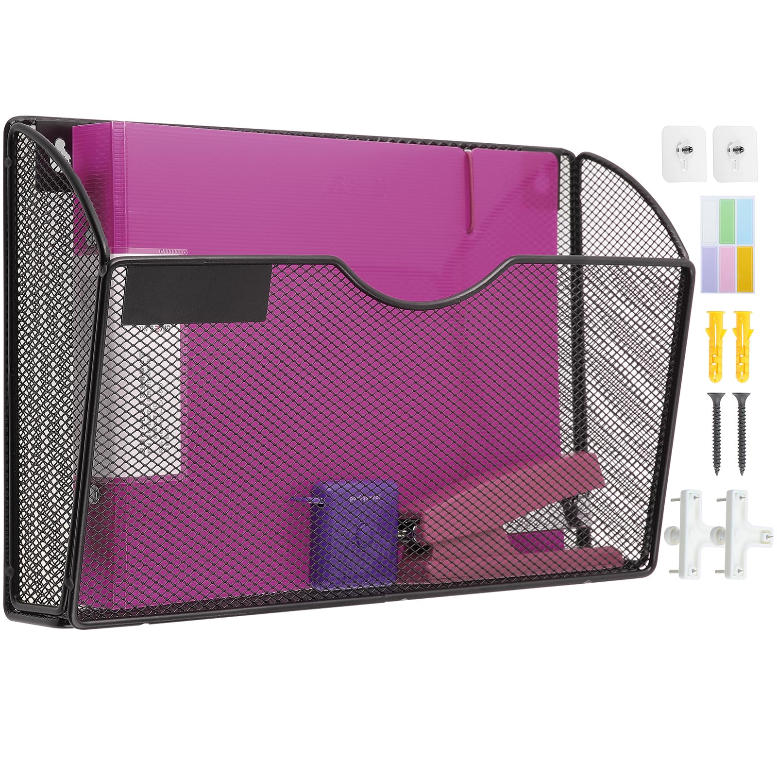 1 Pocket Mesh Wall File Holder Organizer - Hanging File Folder & Magazine Rack with Nametag Label Hooks - Black - Perfect for Office, Home, or Classroom Organization