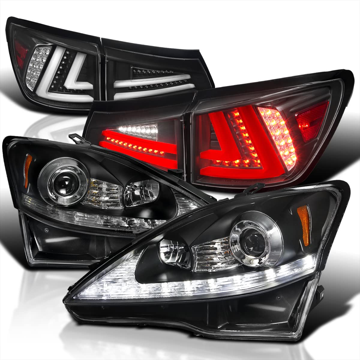 Spec-D Tuning Black SMD LED Projector Headlights + LED Tail Lights for Lexus IS250 - High Performance Lighting Upgrade for Night Driving & Enhanced Style