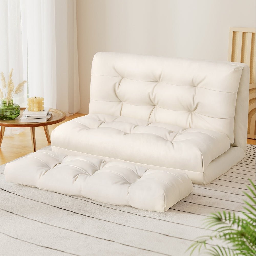 2-Seater Leather Floor Lounge Sofa Bed with Pillows - White - Perfect for Small Spaces, Guest Rooms & Cozy Living Areas