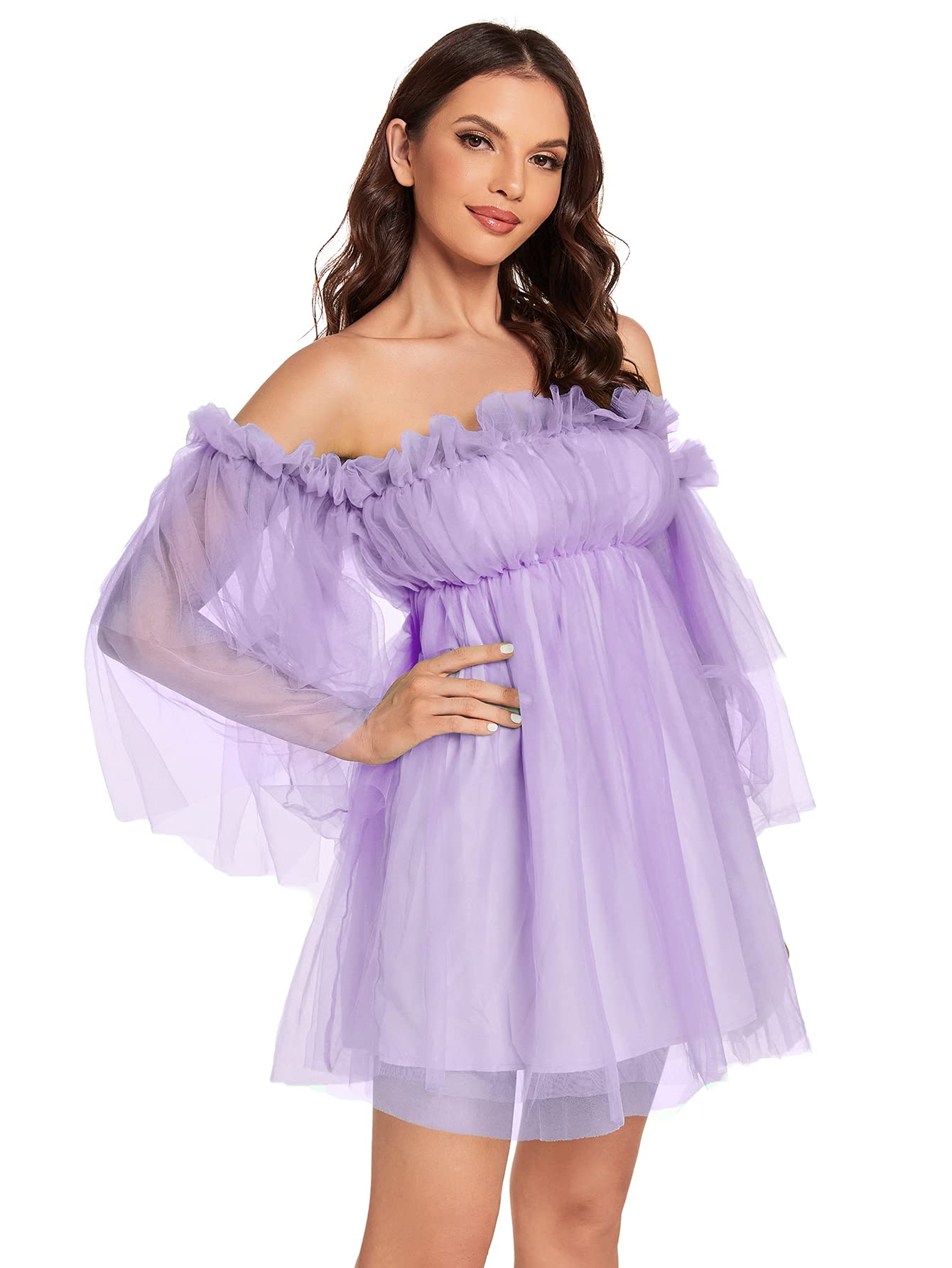 Romantic Off Shoulder Flounce Long Sleeve Wedding Dress for Women - Elegant Ruffle Mesh Mini Party Dress for Bridal Shower, Engagement Party & Special Occasions