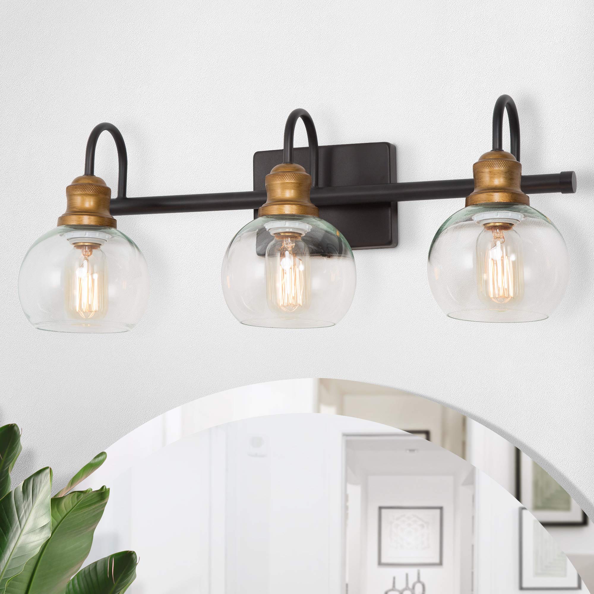 LALUZ Bathroom Vanity Lights - Oil Rubbed Bronze Finish, Antique Gold Socket with Clear Glass Shade - 22.5