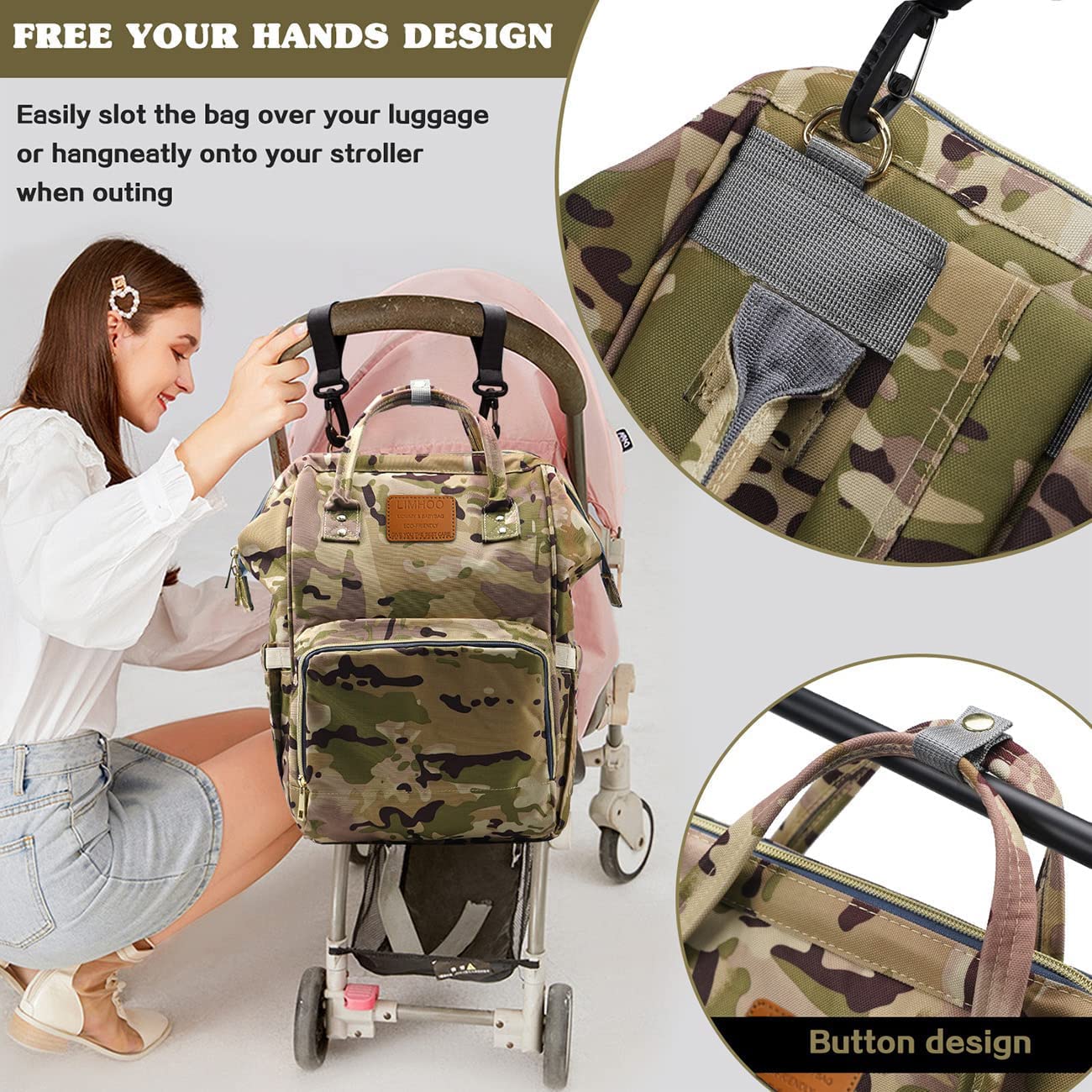 Limhoo Waterproof Camo Diaper Backpack for Men & Dads - Large Canvas Baby Care Bag with Multiple Pockets | Perfect for Travel, Daycare & Outdoor Adventures