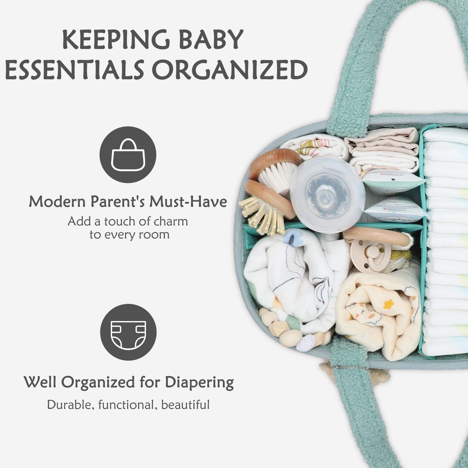CLYMENE Baby Diaper Caddy Organizer - Nursery Storage Basket for Diapers, Wipes & Baby Essentials | Portable Diaper Tote Bag for Travel & Home | Perfect Baby Shower Gift & Registry Must-Have in Sage Green | Ideal for Changing Table, Car Trips & On-the-Go Parents
