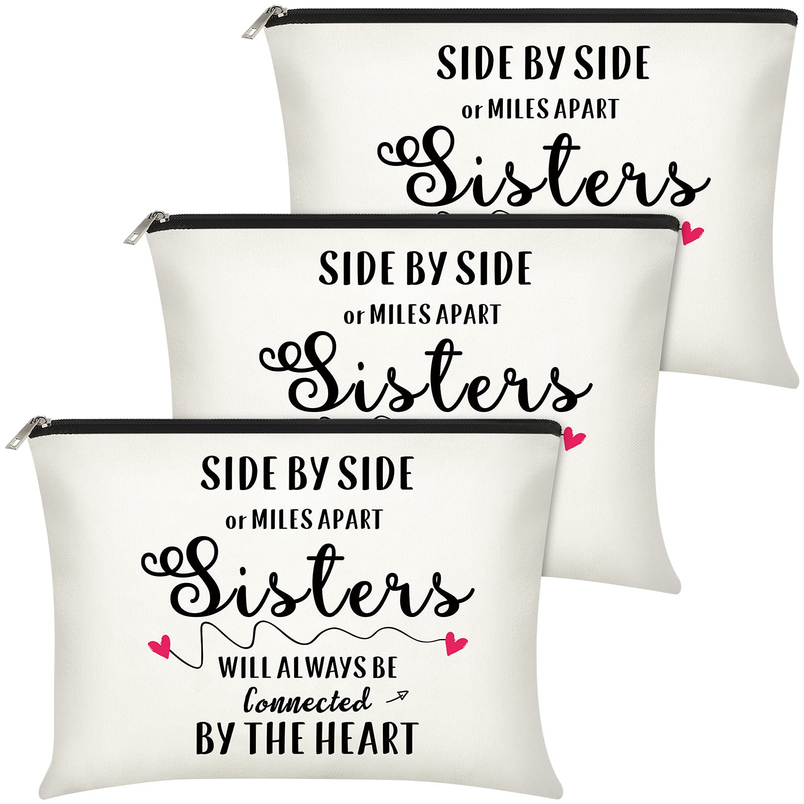 3-Piece Matching Sister Makeup Bags Set - Portable Cosmetic Pouch & Toiletry Organizer for Women - Perfect Valentine's Day, Birthday & Thanksgiving Gift for Sisters (Miles Apart Sisters Design) - Great for Travel, Daily Use & Special Occasions