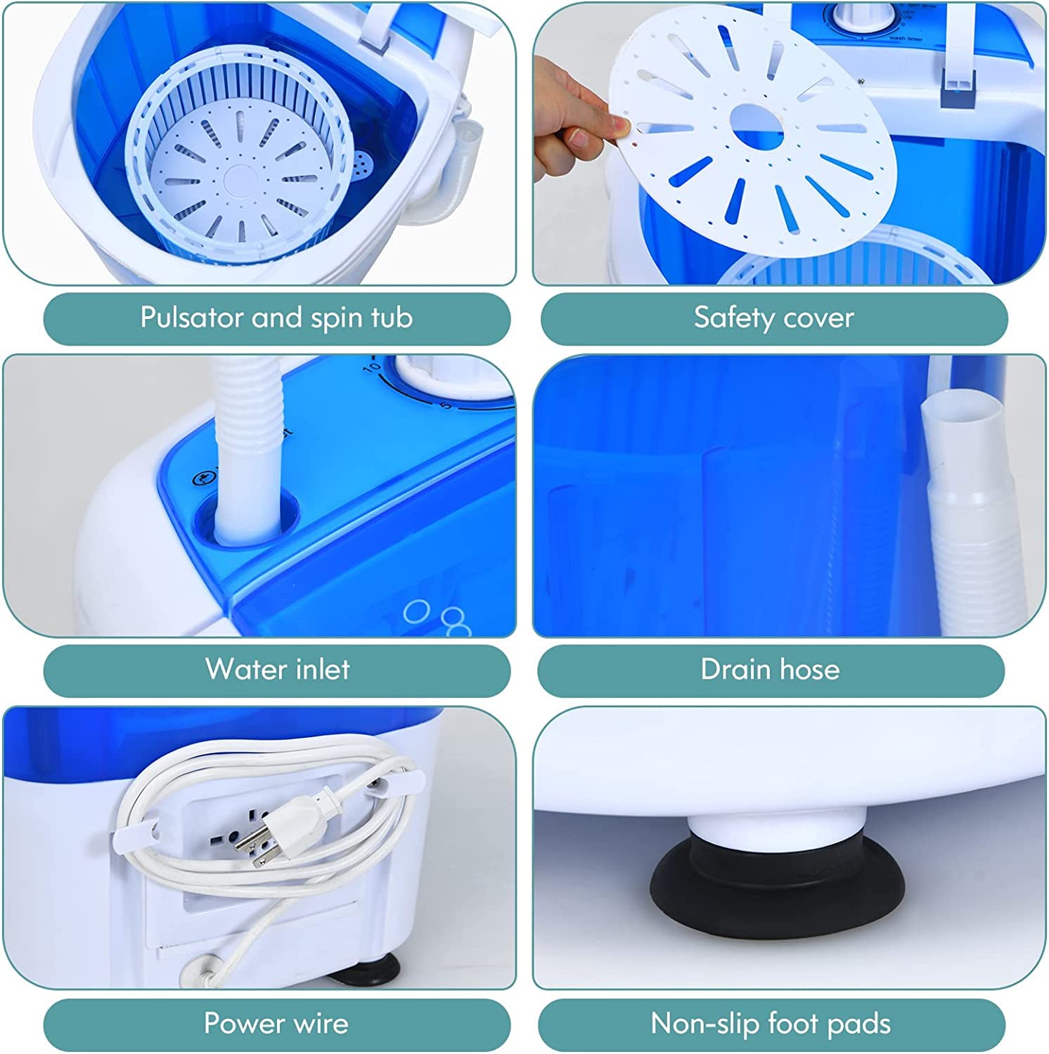 MEDIMALL 5.5lbs Portable Washing Machine with Spin Dryer - Compact Semi-Automatic Washer & Dryer Combo for RV, Camping, Apartment, Dorm - Includes Drain Hose & Spin Basket - Perfect for Small Spaces & Travel Laundry (Blue)
