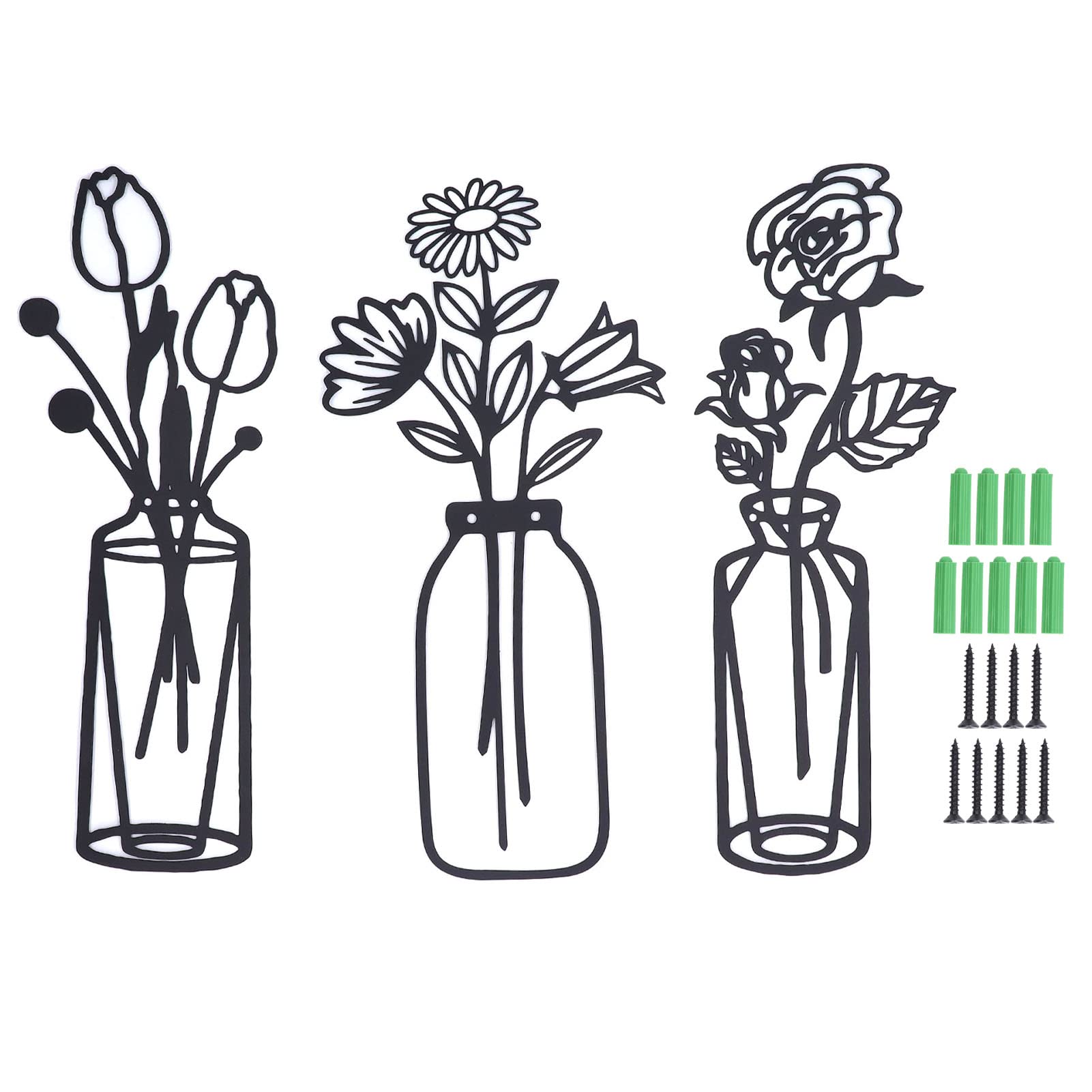 3-Piece Black Metal Flower Wall Decor Set - Minimalist Metal Vase Flowers Wall Art for Home & Office - Perfect for Living Room, Bedroom, Dining Room & Office Decor