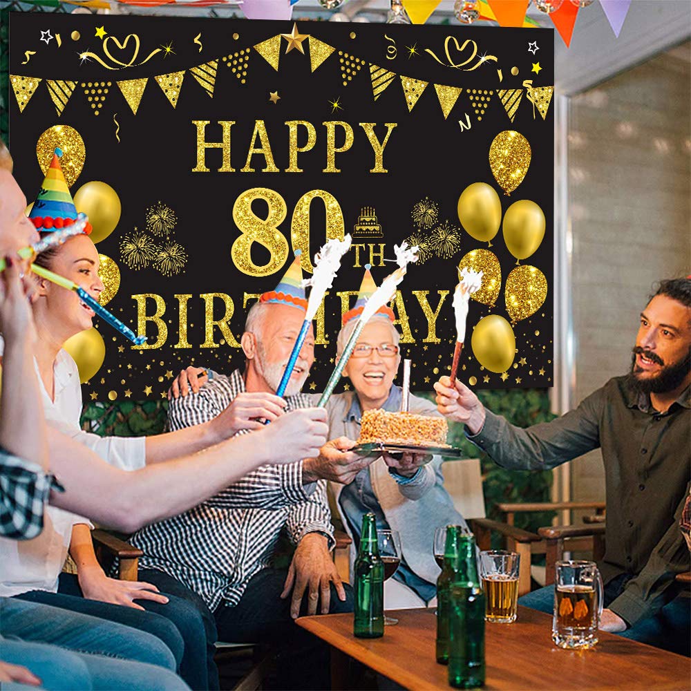 Trgowaul 80th Birthday Backdrop - Gold & Black 5.9x3.6ft Photography Background for Women & Men - Perfect for Birthday Party Decorations, Photo Shoots & Milestone Celebrations