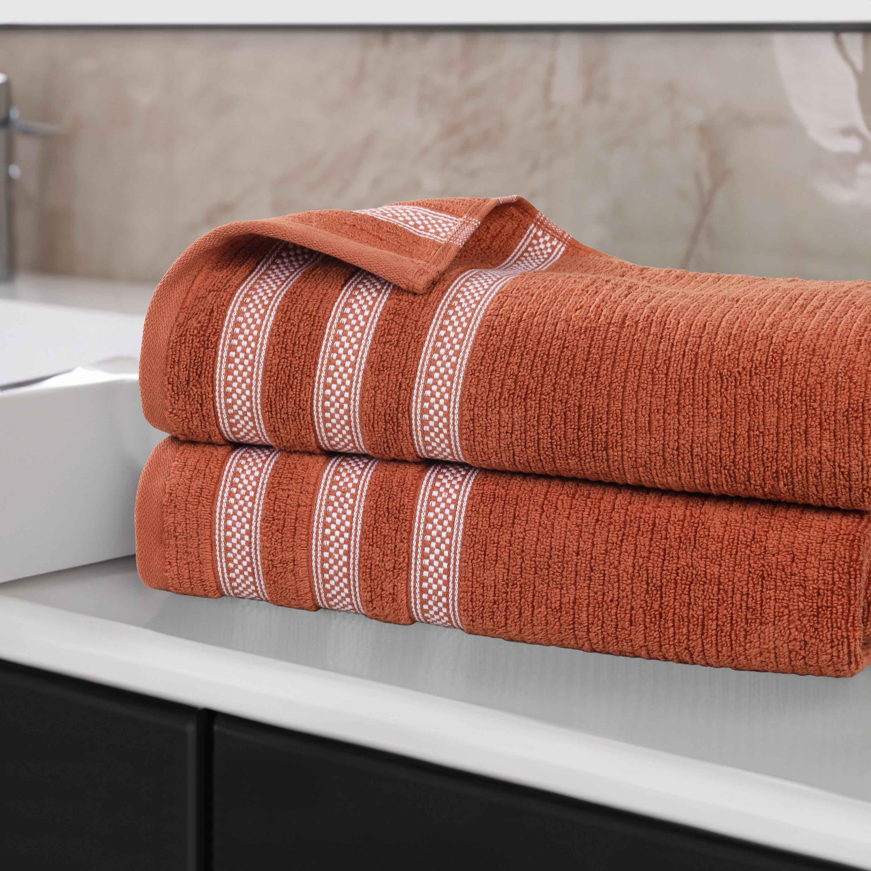 Premium Zero Twist Cotton Ribbed Geometric Border Plush Bath Sheet Set of 2 - Ultra Soft & Absorbent Luxury Towels for Spa, Bathroom & Beach Use