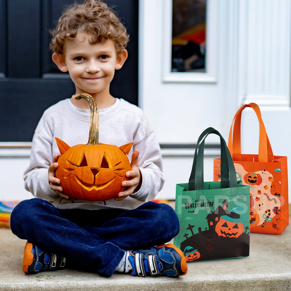 PARSUP 8PCS Halloween Trick or Treat Tote Bags with Handles - Reusable Non-Woven Gift Bags for Candy, Party Favors & Gift Wrapping (7.9