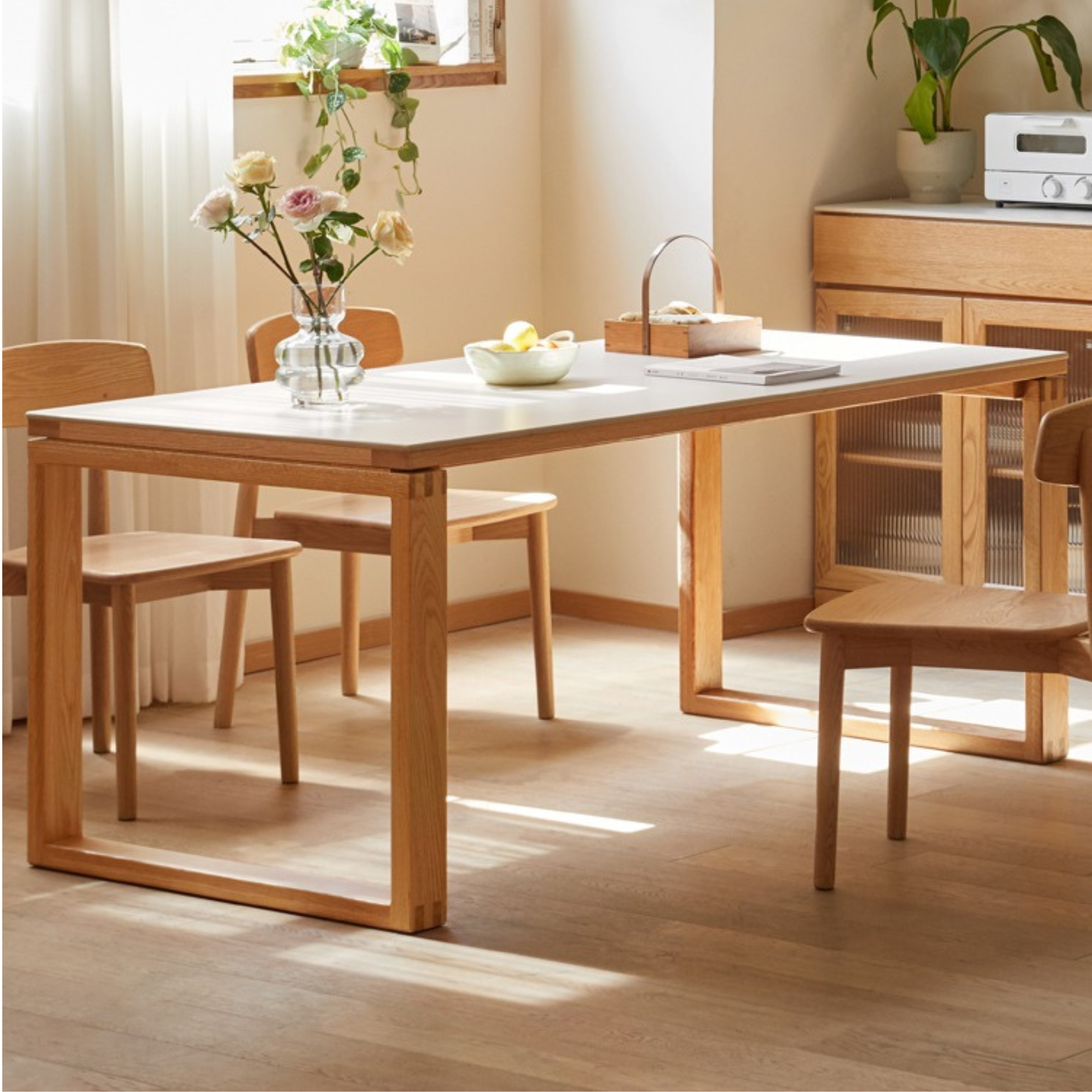 Solid Oak Wood Rectangular Dining Table - Rustic Farmhouse Style for Kitchen, Dining Room, and Outdoor Patio