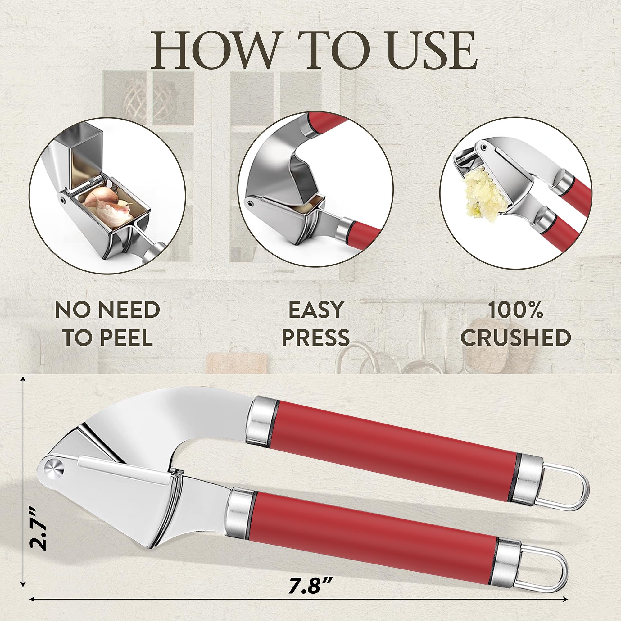 Premium Stainless Steel Garlic Press & Mincer Set - Professional Grade Garlic Crusher with Peeler - Dishwasher Safe, Rust-Proof & Easy Clean - Ideal for Cooking, Meal Prep & Kitchen Use (Red)