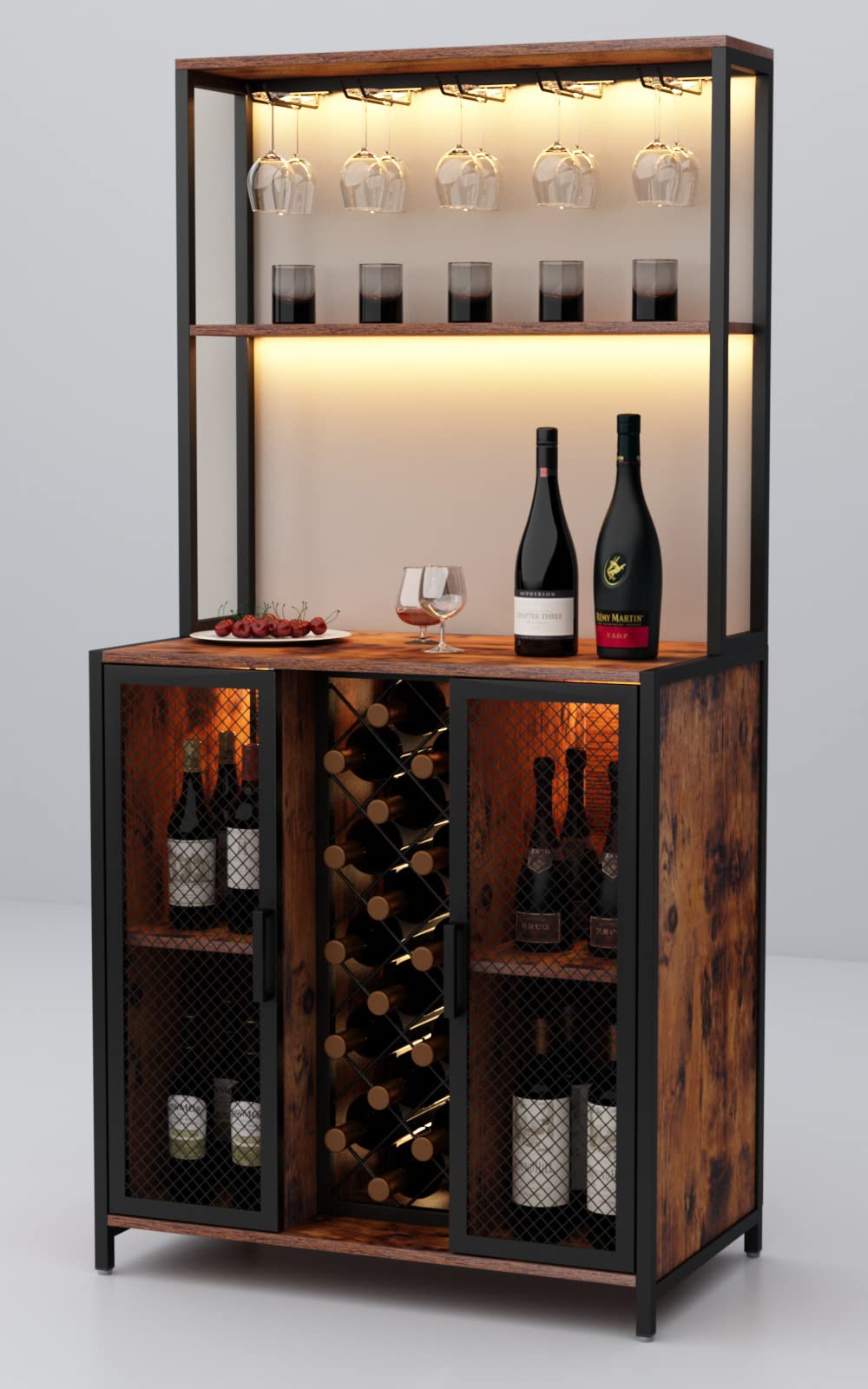 5-Tier Industrial Wine Bar Cabinet with LED Lights - Adjustable Shelves, Wine Rack & Glass Storage - Rustic Kitchen Buffet Sideboard for Dining Room, Bar or Home Decor
