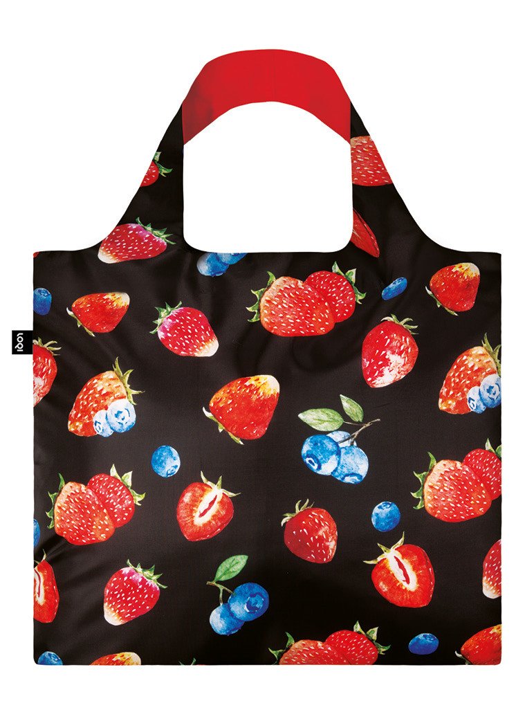 LOQI Juicy Strawberries Reusable Shopping Bag - Eco-Friendly Foldable Grocery Tote with Vibrant Strawberry Print - Perfect for Grocery Shopping, Farmers Market & Travel