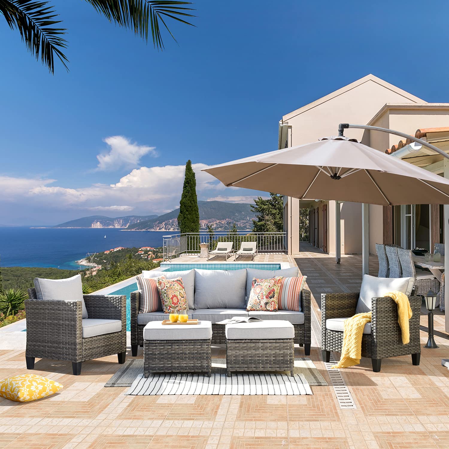Ovios 5-Piece Patio Furniture Set - Outdoor Wicker Sofa with Comfortable Cushions, Rattan Conversation Set for Backyard, Deck or Porch (Grey) - Perfect for Outdoor Entertaining & Relaxation