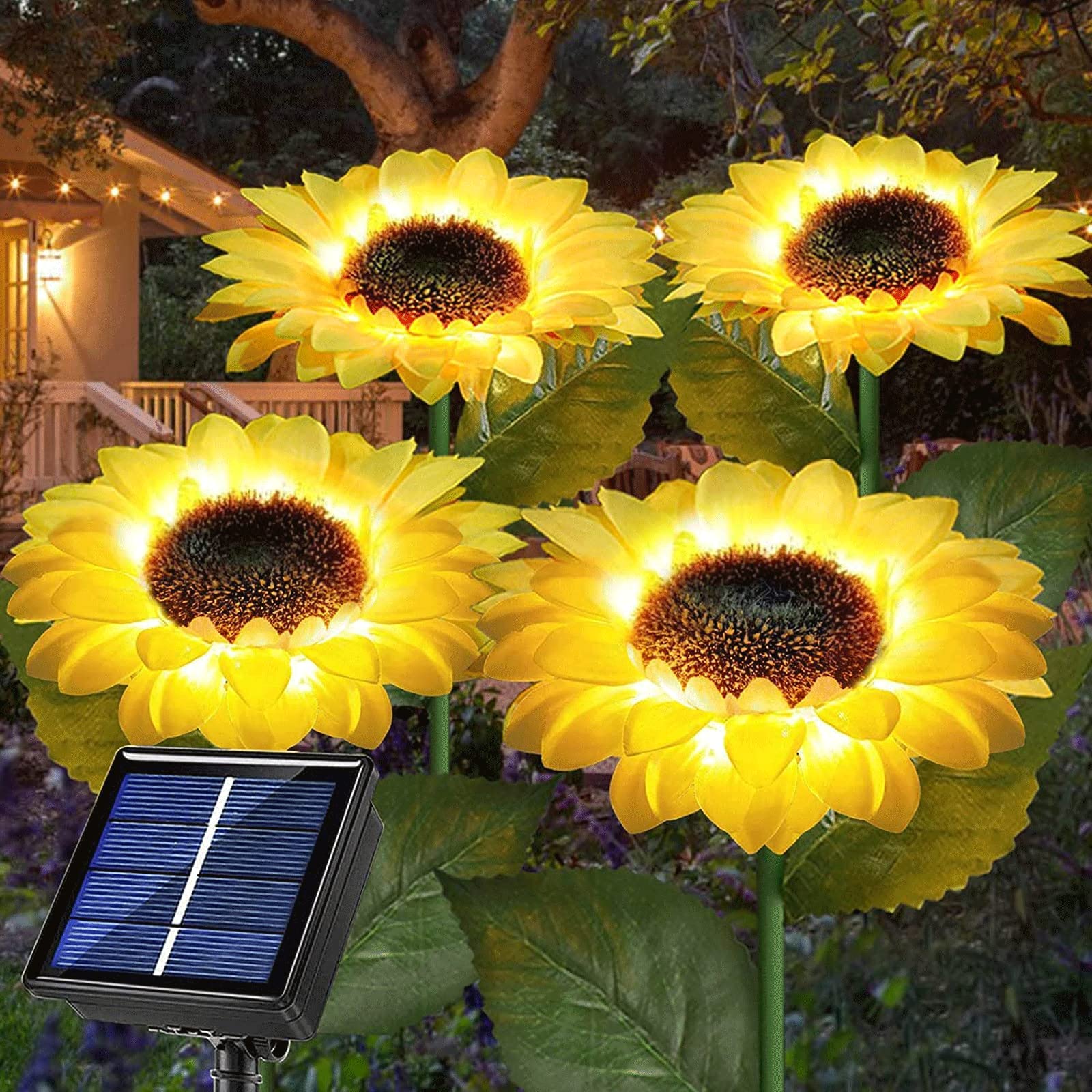 4Pcs Solar Sunflower Lights - Waterproof Outdoor Garden Decor with Auto On/Off, Warm White LED for Yard, Lawn, Patio, Pathway - Perfect for Backyard, Porch, Cemetery & Wedding Decorations