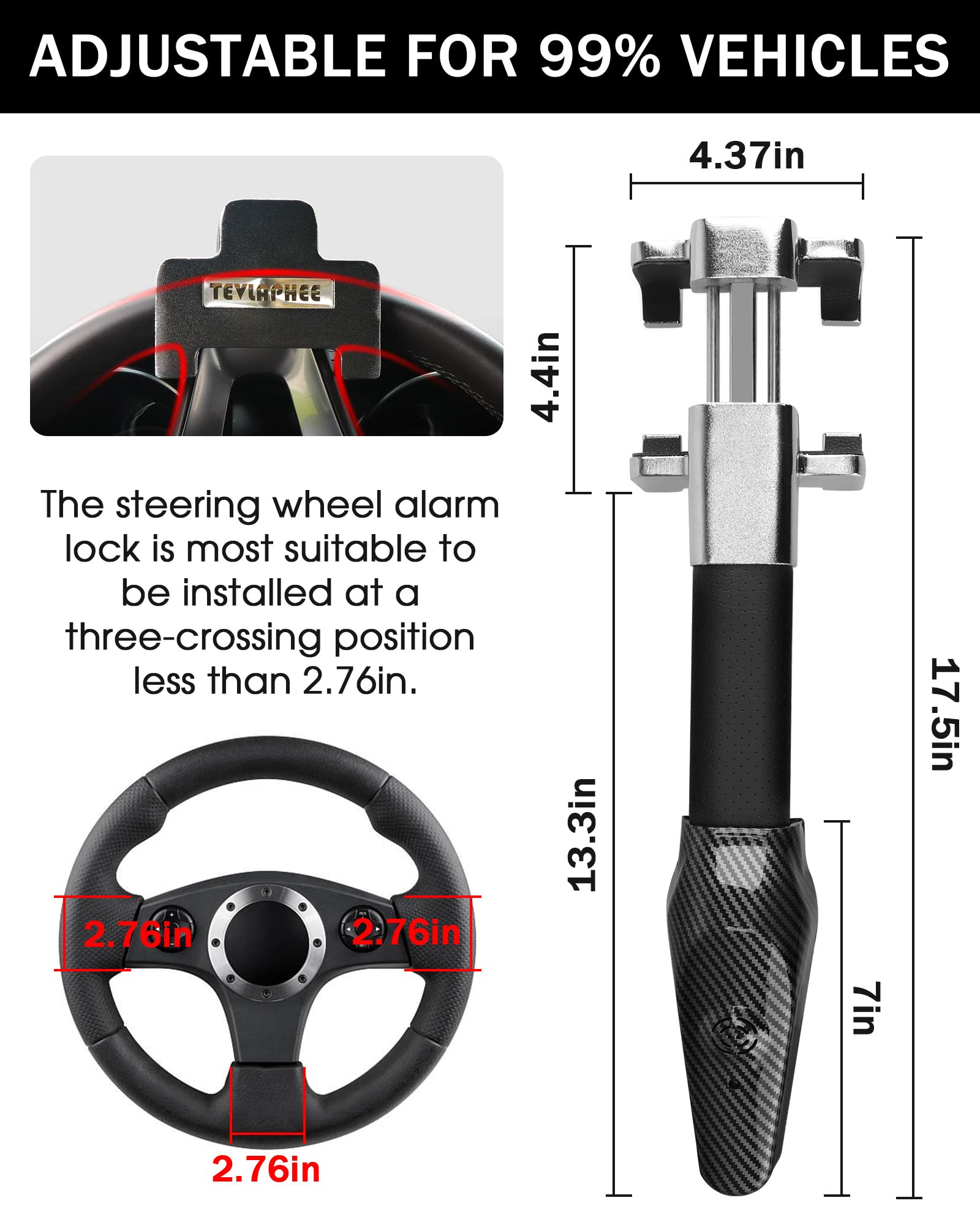 Tevlaphee Heavy Duty Steering Wheel Lock with Alarm - Anti-Theft Car Security Device, Universal Fit for Vehicle, Truck, Van, SUV - Perfect for Parking and Overnight Protection