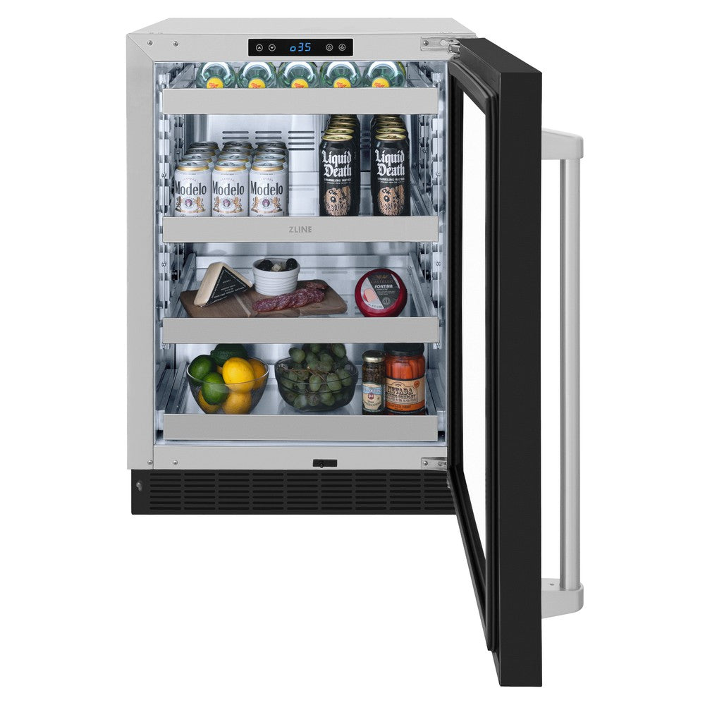 ZLINE 24 Inch Stainless Steel Beverage Refrigerator with Black Matte Glass Door - Energy Efficient Mini Fridge for Soda, Beer & Wine - Perfect for Home Bar, Office, or Man Cave (Model RBSO BLM 24)