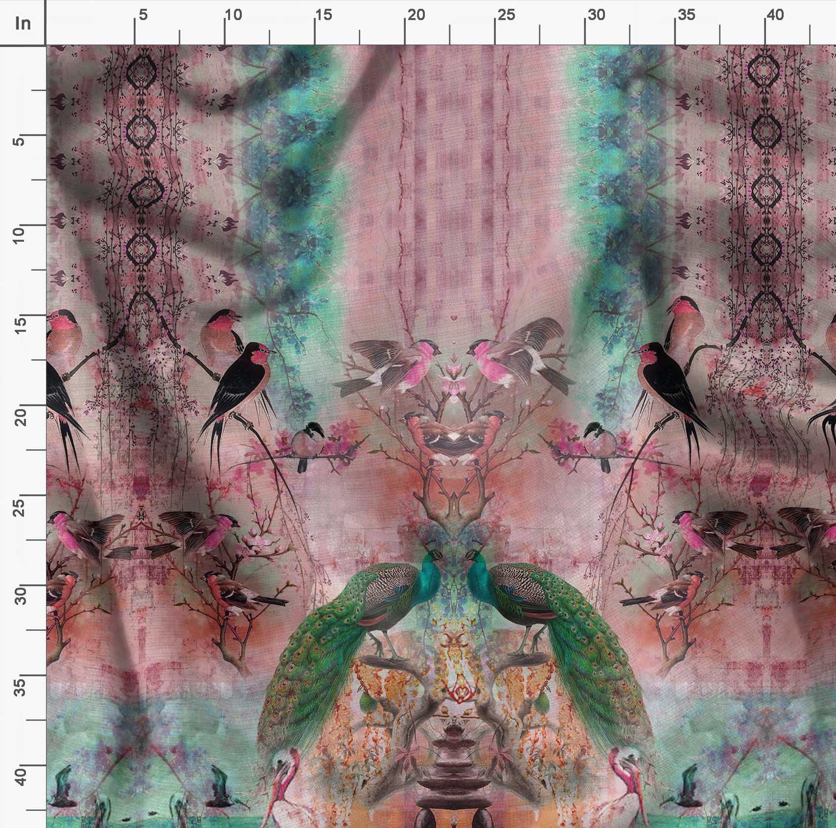 Soimoi Rayon Orange Fabric by The Yard - 42 Inch Wide Peacock Bird Print Fabric - Majestic Elegance for Dresses, Scarves & Home Decor