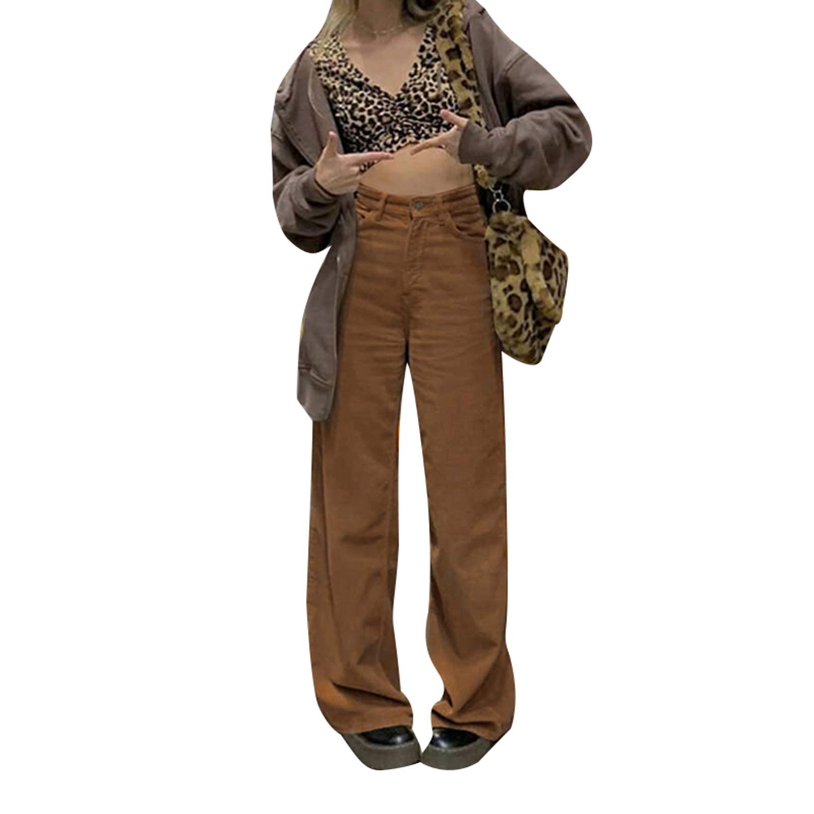 GuliriFei Women's High Waist Stretch Corduroy Pants - Straight Leg Casual Lounge Trousers, Y2K Fashion Streetwear for Everyday Wear & Office Outfits