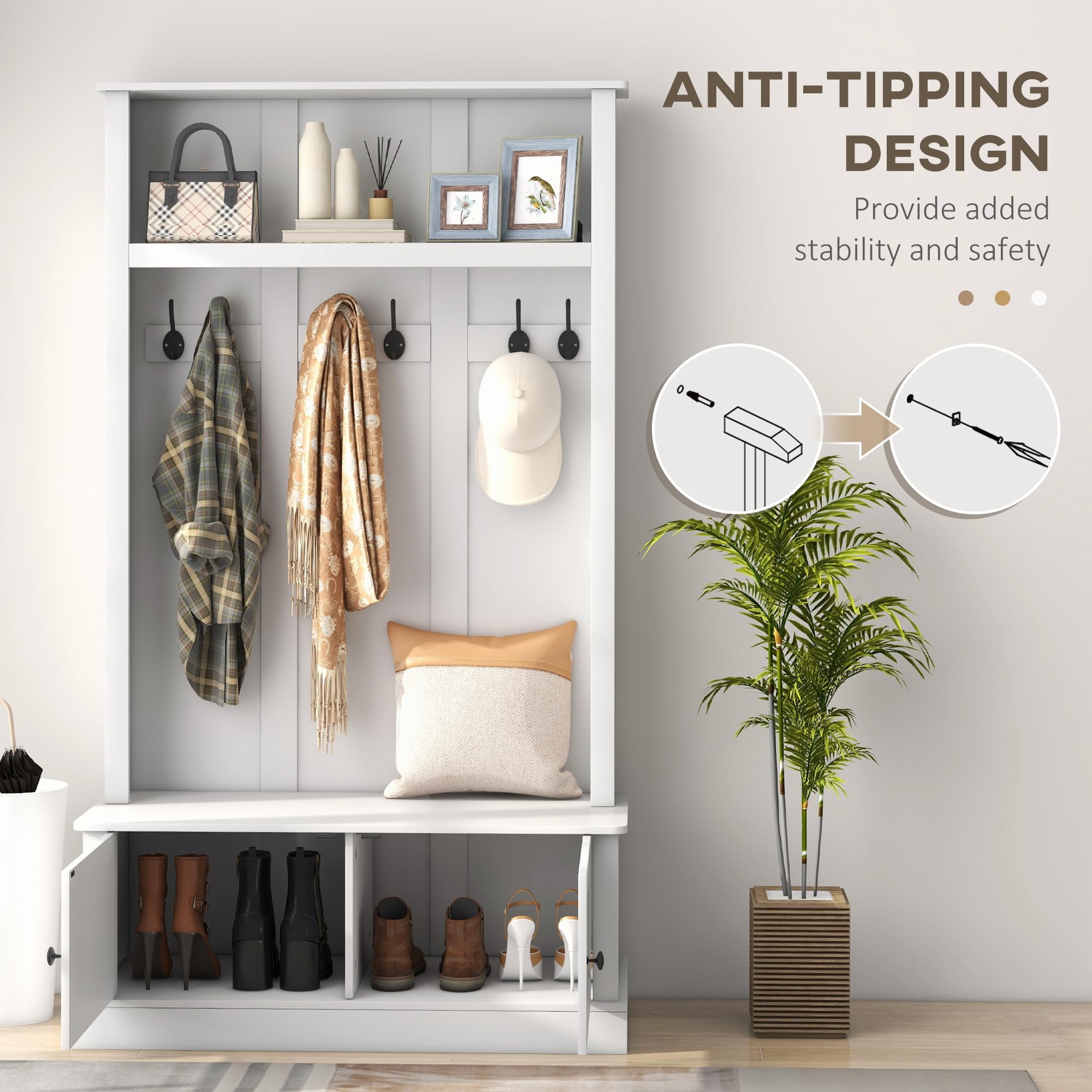 HOMCOM 42 Inch 3-in-1 Entryway Hall Tree with Storage Bench, Coat Rack with 6 Hooks, Shoe Organizer and Top Shelf - White | Perfect for Mudroom, Foyer & Entryway Organization