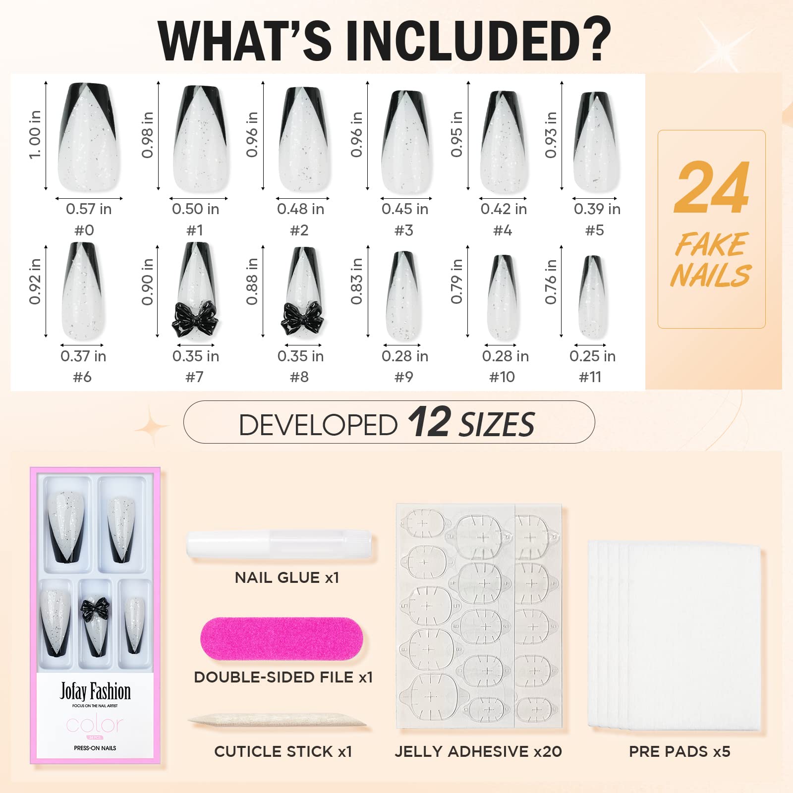 Jofay Fashion Black French Tip Press on Nails - Medium Length Acrylic Fake Nails with Glue, 24pcs Reusable Stick on Nails for Women & Girls - Black Coffin French Design for Parties, Weddings & Daily Wear