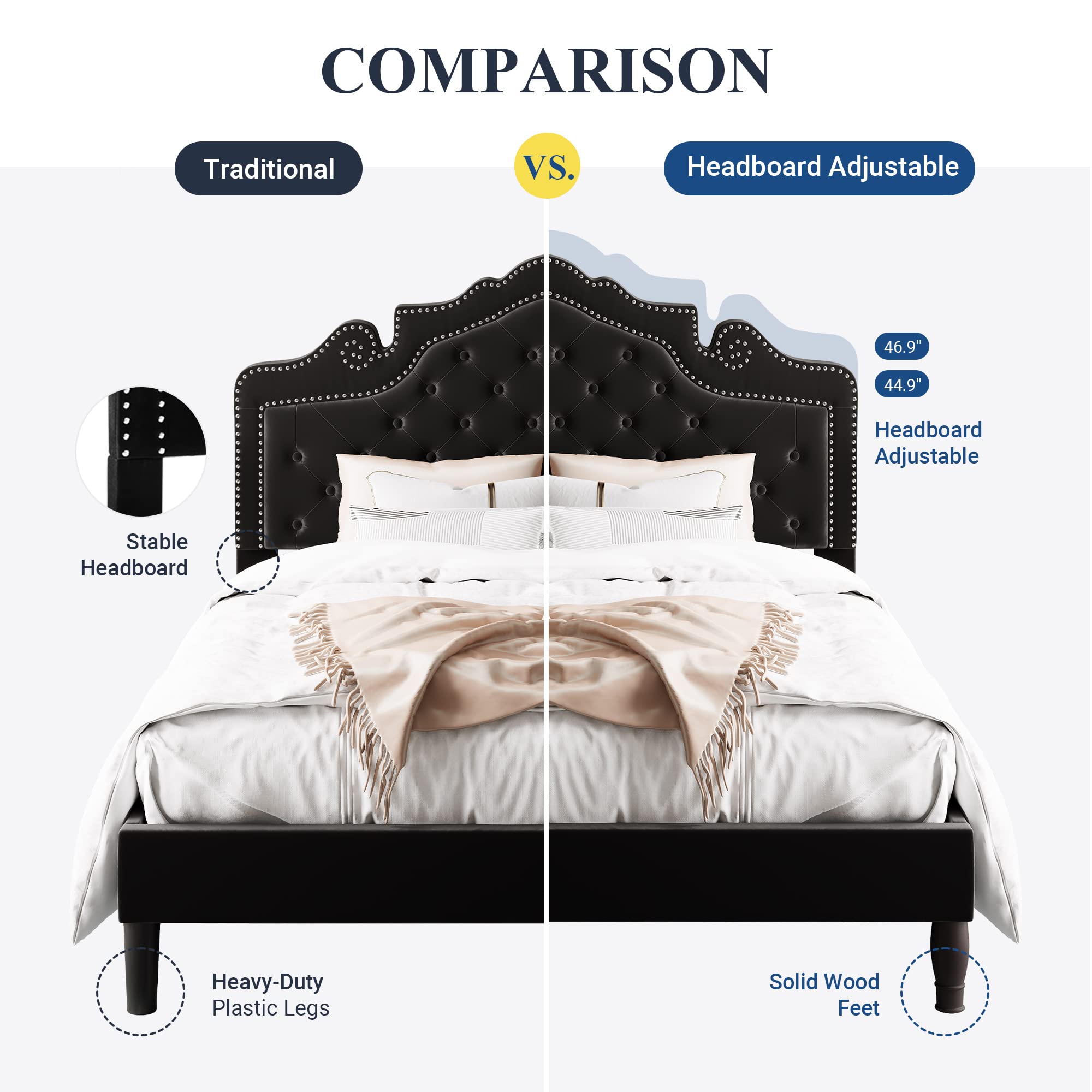 Allewie King Size Platform Bed Frame with Adjustable Velvet Tiara Headboard - Upholstered Diamond Button Tufted Design, Wood Slat Support, No Box Spring Needed - Easy Assembly Mattress Foundation in Black | Perfect for Master Bedrooms & Modern Home Decor
