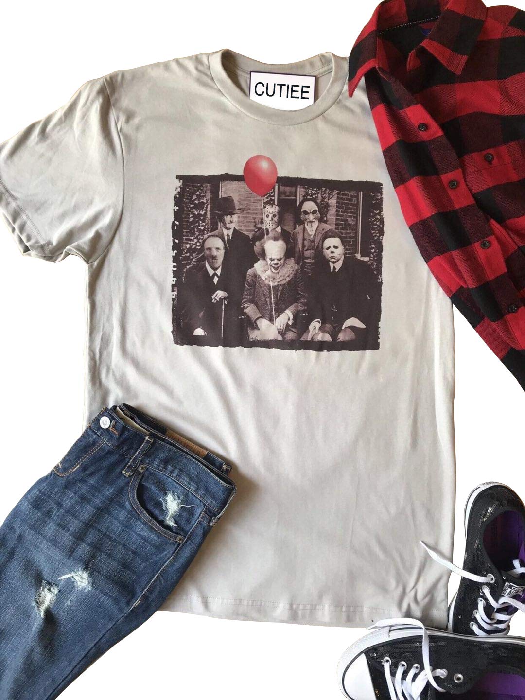 Women's Friends Halloween Horror Movie Graphic T-Shirt - Spooky Face Characters Novelty Tee for Halloween Parties & Cosplay