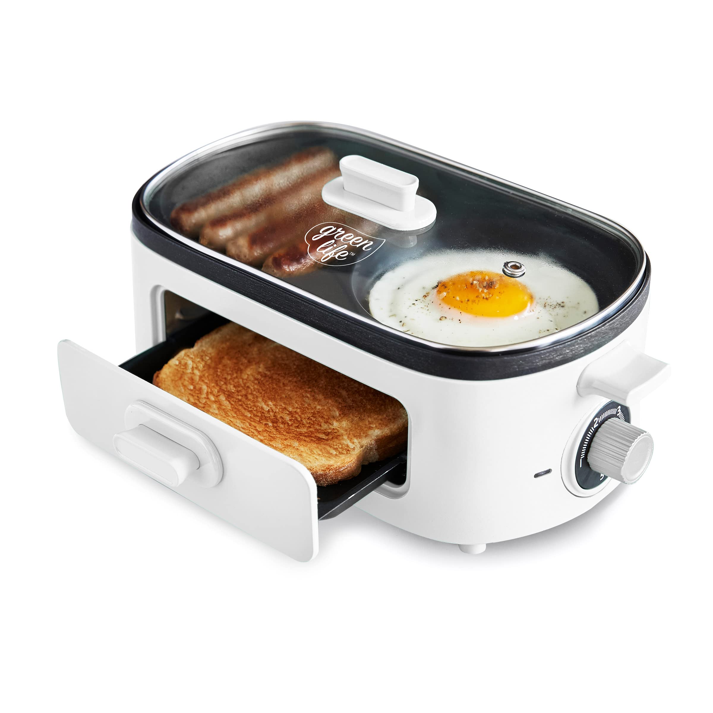 GreenLife 3-in-1 Breakfast Maker Station - Healthy Ceramic Nonstick Dual Griddles for Eggs, Meat, Sausage, Bacon & Pancakes - 2 Slice Toaster with Timer - Perfect for Quick Breakfast, Camping & Small Kitchens - White
