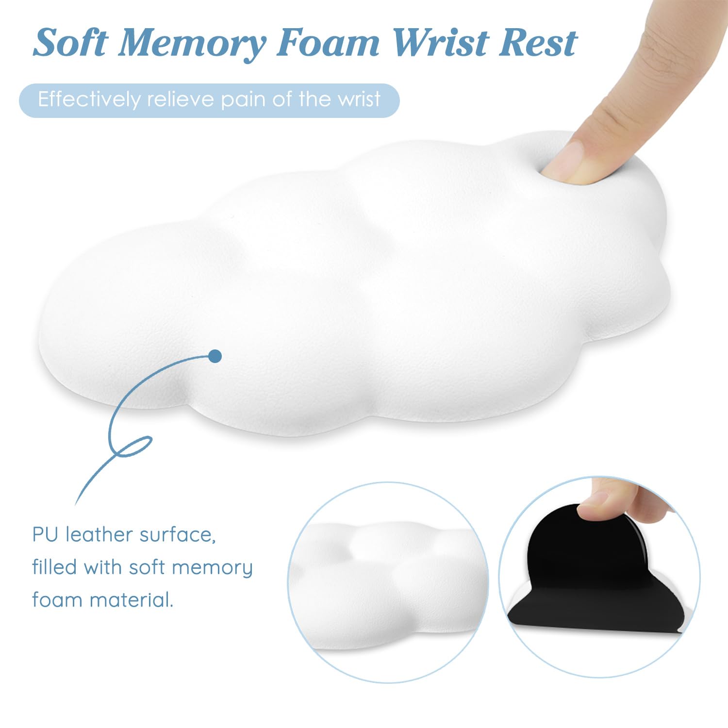 Ergonomic Cloud Wrist Rest Cushion for Mouse - Soft PU Leather Memory Foam Wrist Support Pad with Anti-Skid Base - Pain Relief for Office, School, Home - Compatible with Laptop & Computer Mouse (White) - Perfect for Long Hours of Typing and Gaming