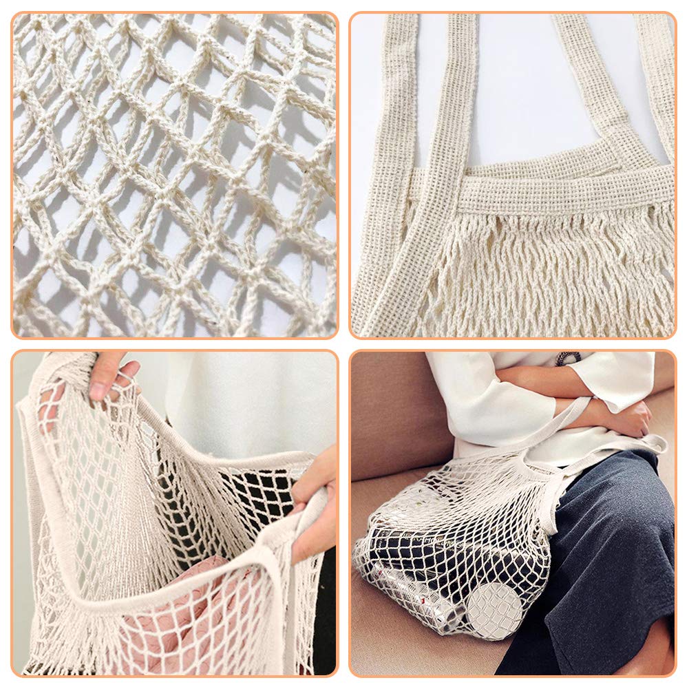 Eco-Friendly Reusable Cotton Mesh Grocery Bags with Long Handles - Breathable Produce Storage Tote for Fruits, Vegetables & Shopping - Perfect for Farmers Market, Grocery Trips & Zero-Waste Lifestyle