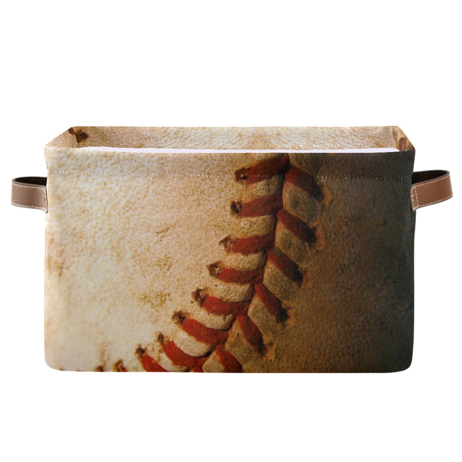 Collapsible Rectangular Storage Basket with Leather Handles - Foldable Organizer Bin for Baseball Gear, Office Supplies & Home Shelves | Perfect for Sports Equipment Storage & Clutter Organization
