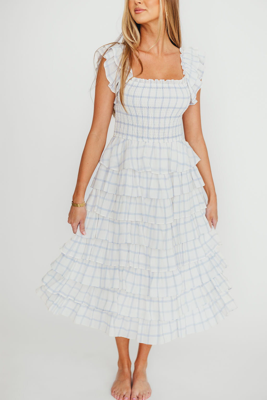 Adelynn Women's Elegant Ruffle Midi Dress - White & Blue Floral Summer Dress for Casual Wear, Date Night & Special Occasions