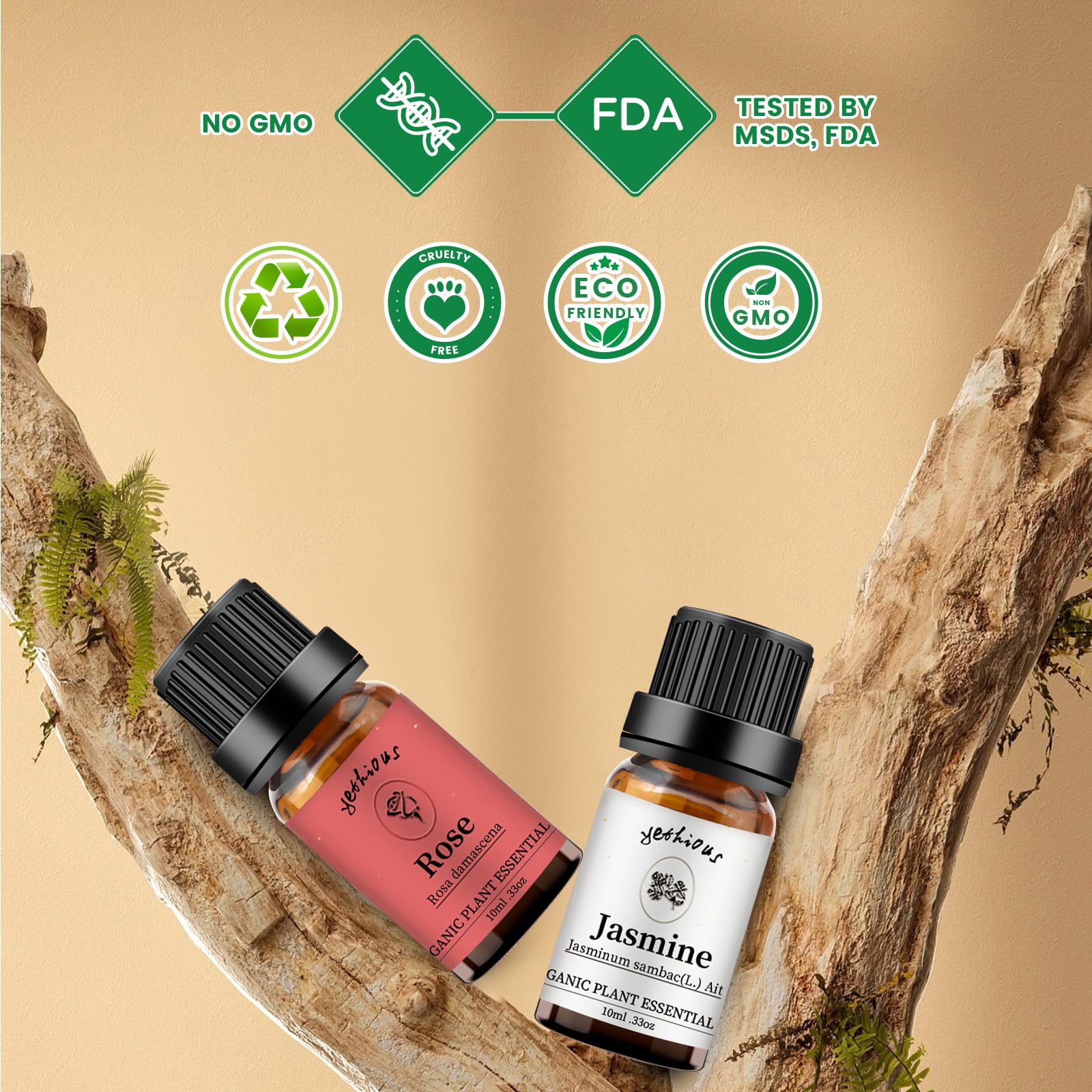 Yethious Organic Rose & Jasmine Essential Oil Set - 2 x 10ml for Aromatherapy, Diffuser, Skincare, Hair Care, Perfume & Candle Making | Pure Fragrance Oil for Relaxation, Spa & Home Scenting
