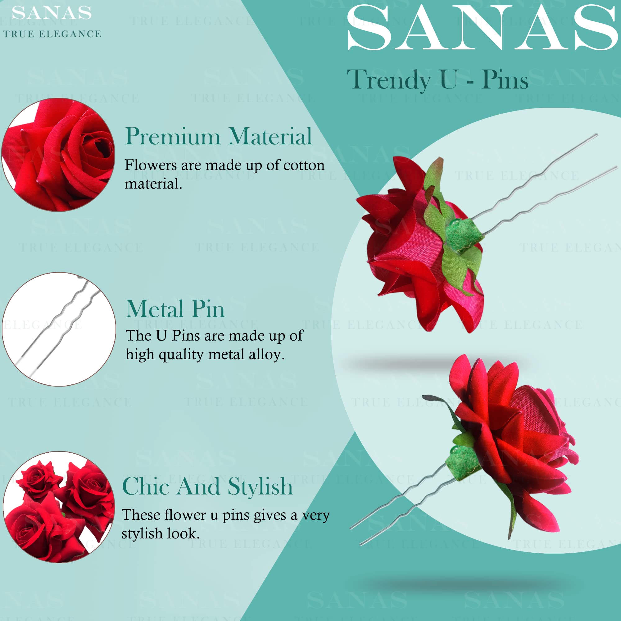 Sanas Floral Hair Clips Set of 4 - Red Rose Hair Accessories for Women, Wedding Hair Pins with Artificial Flowers, Decorative Hair Clips for Bridal, Prom, Party and Special Occasions
