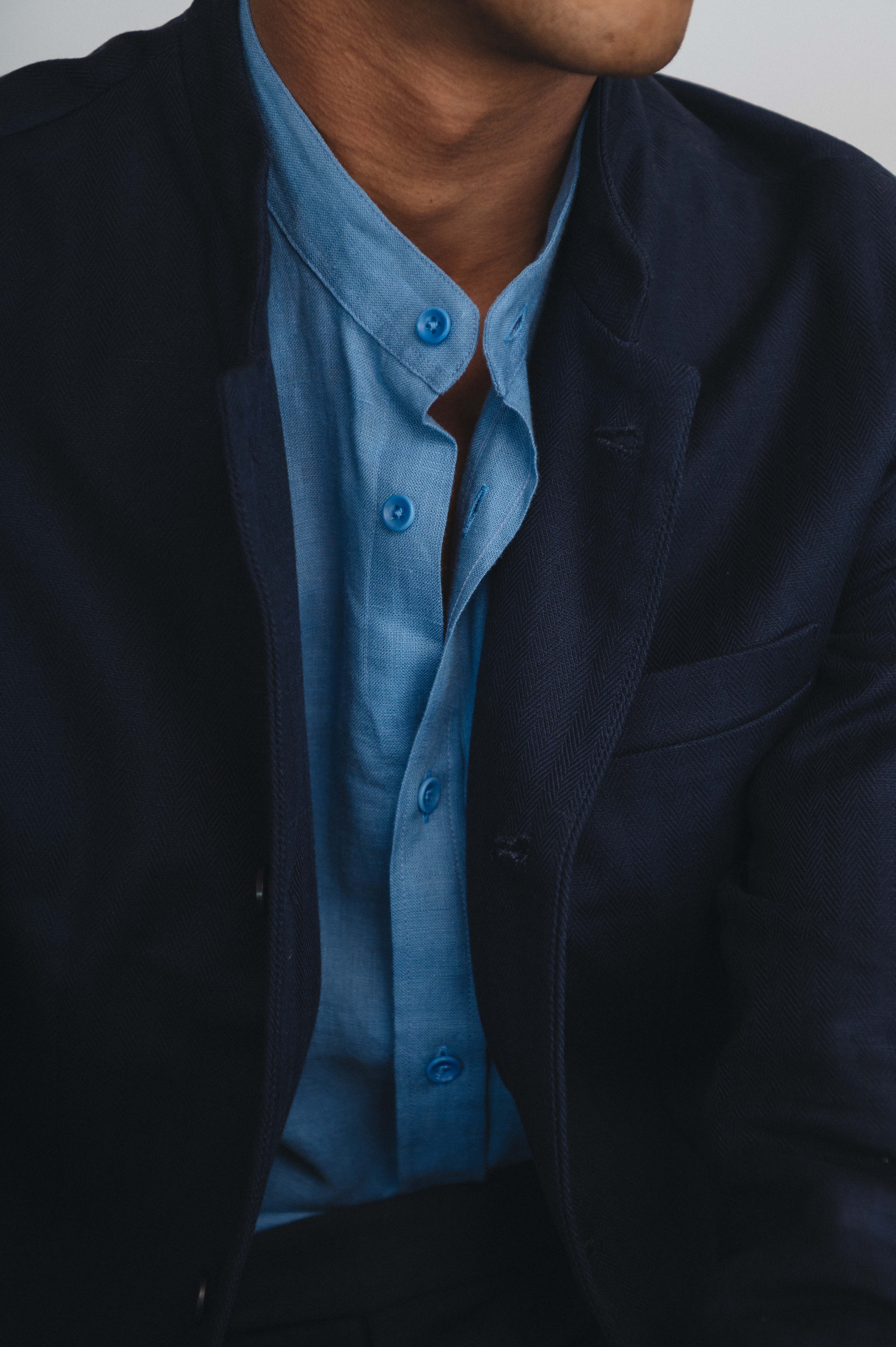 Premium Navy Herringbone Cotton Linen Nehru Jacket for Men - Stylish Formal Blazer with Mandarin Collar - Perfect for Weddings, Business Meetings & Special Occasions