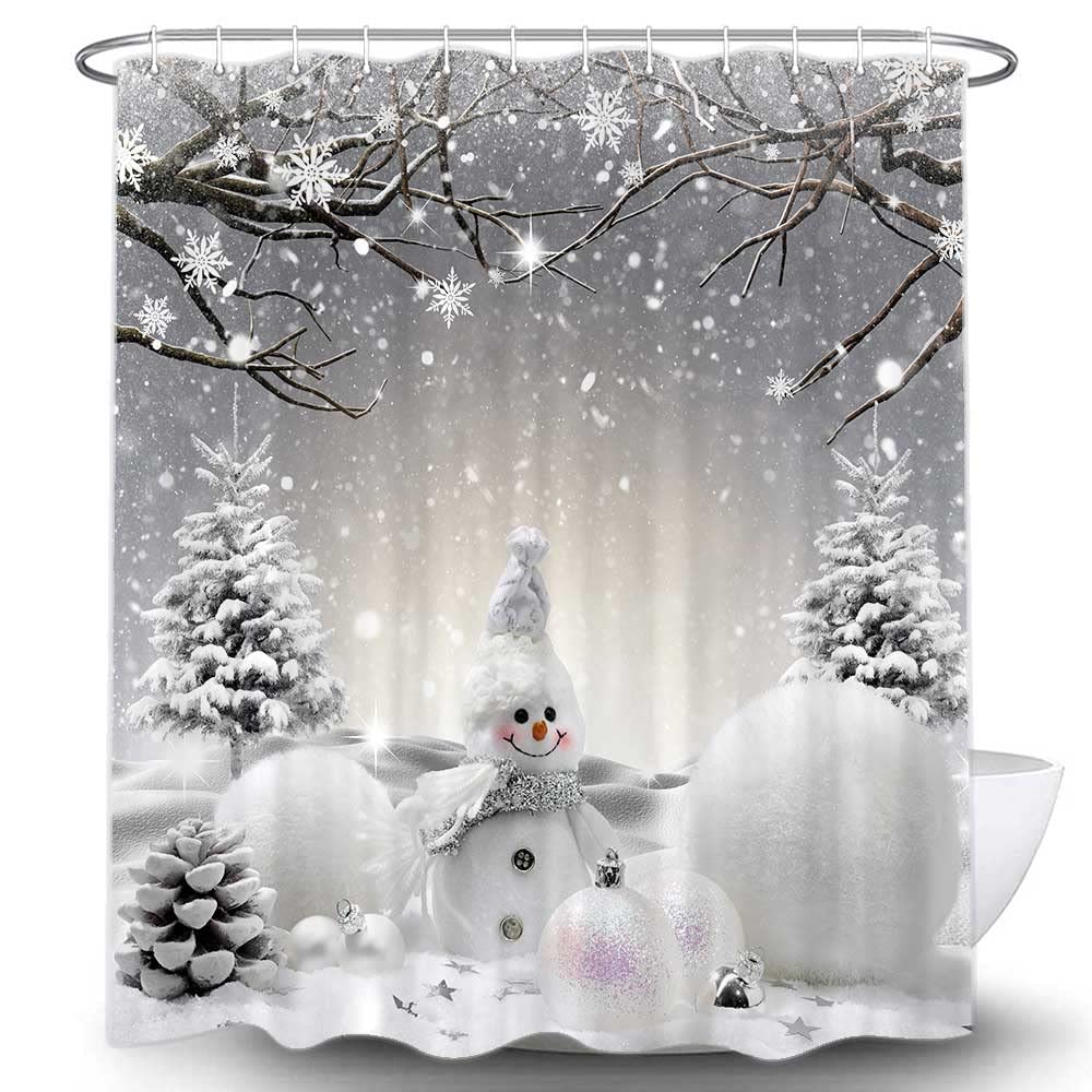 Grey Snowman Shower Curtain Set - 72x72 Inch Winter Snowflake Christmas Bathroom Decor with Hooks | Waterproof Fabric Shower Curtain for Holiday Home Decor, Kids' Bathroom & Seasonal Restroom Accessories