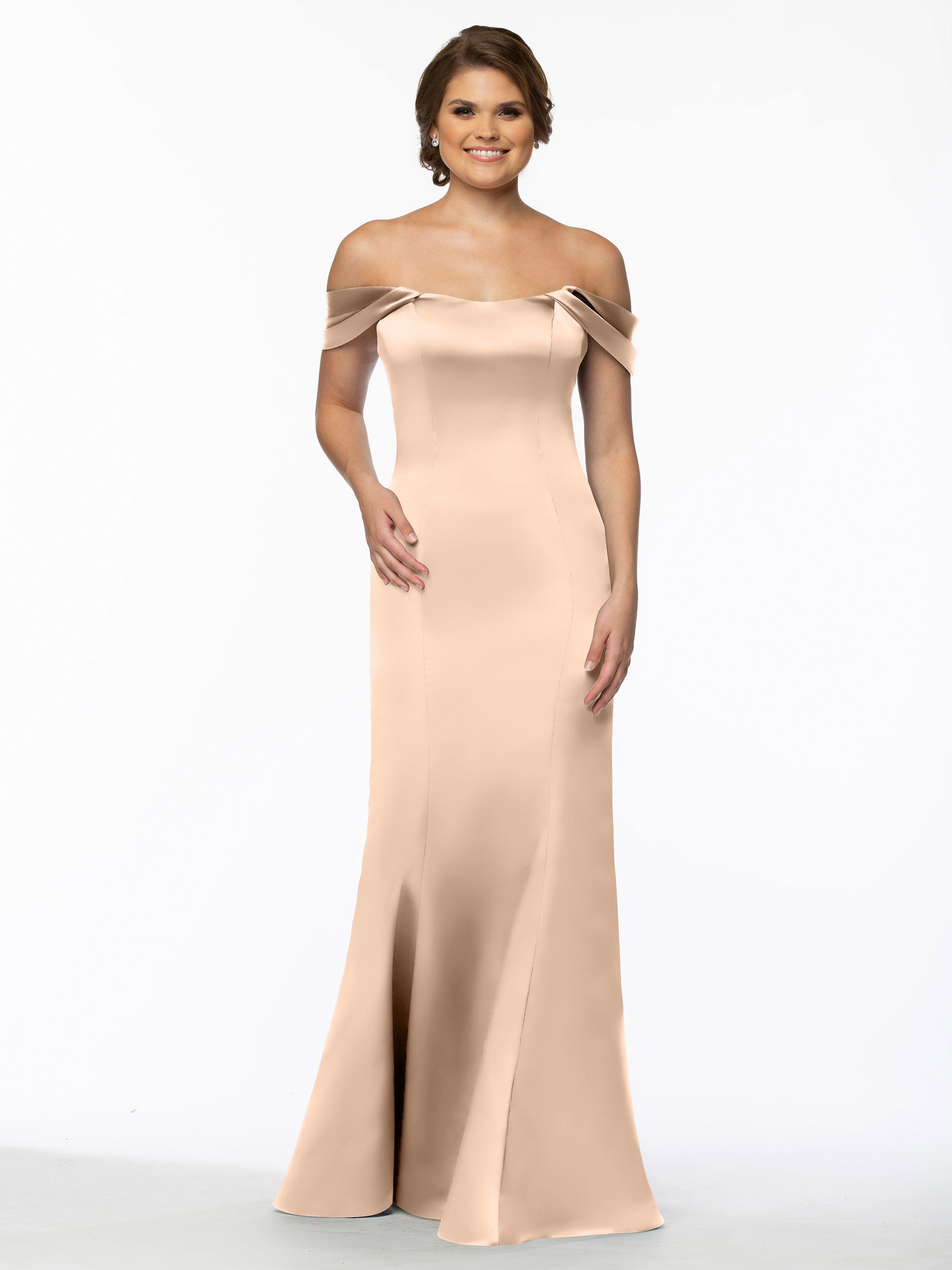 Elegant 80151 Fitted Satin Bridesmaid Dress with Off-The-Shoulder Sleeves - Perfect for Weddings, Formal Events & Special Occasions