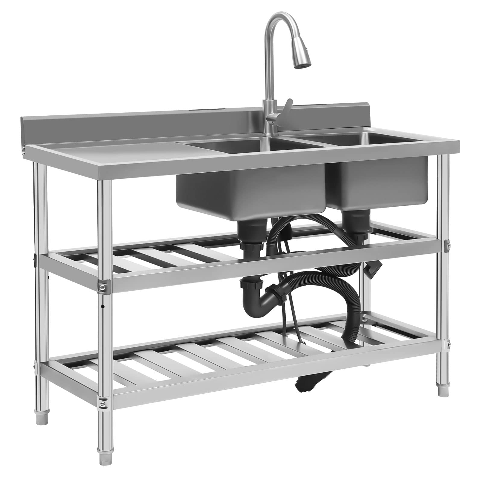 Commercial Stainless Steel Utility Sink - Double Bowl Restaurant Kitchen Sink with Strainer, 201 Stainless Steel Freestanding Rectangular Sink for Food Prep, Dishwashing & Commercial Kitchens