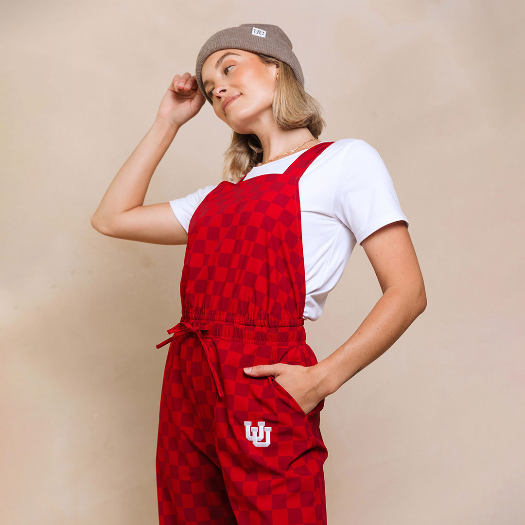 Utah Audrey Trouser Overalls for Women - Crimson Check Plaid Jumpsuit | Casual Outfit for Fall, Spring & Outdoor Activities