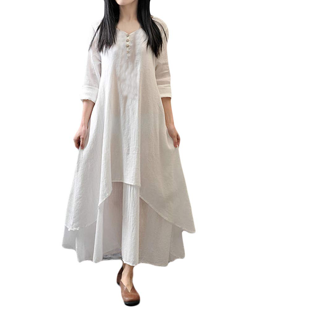 Boho Maxi Dress for Women - Vintage Loose Long Sleeve Linen Dress with Pockets | Casual Irregular Layered Summer Dress | Perfect for Beach, Vacation, and Everyday Wear (White)