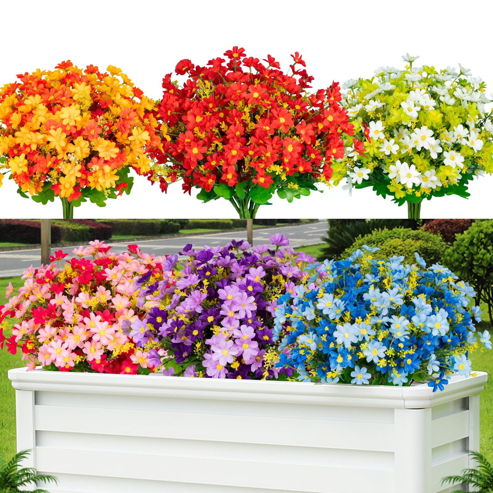 24 Pcs UV Resistant Artificial Flowers for Outdoor - Fake Plastic Flowers Decorations for Wedding, Garden, Home & Office - 6 Color Options - Perfect for Patio, Porch, Balcony & Table Centerpieces