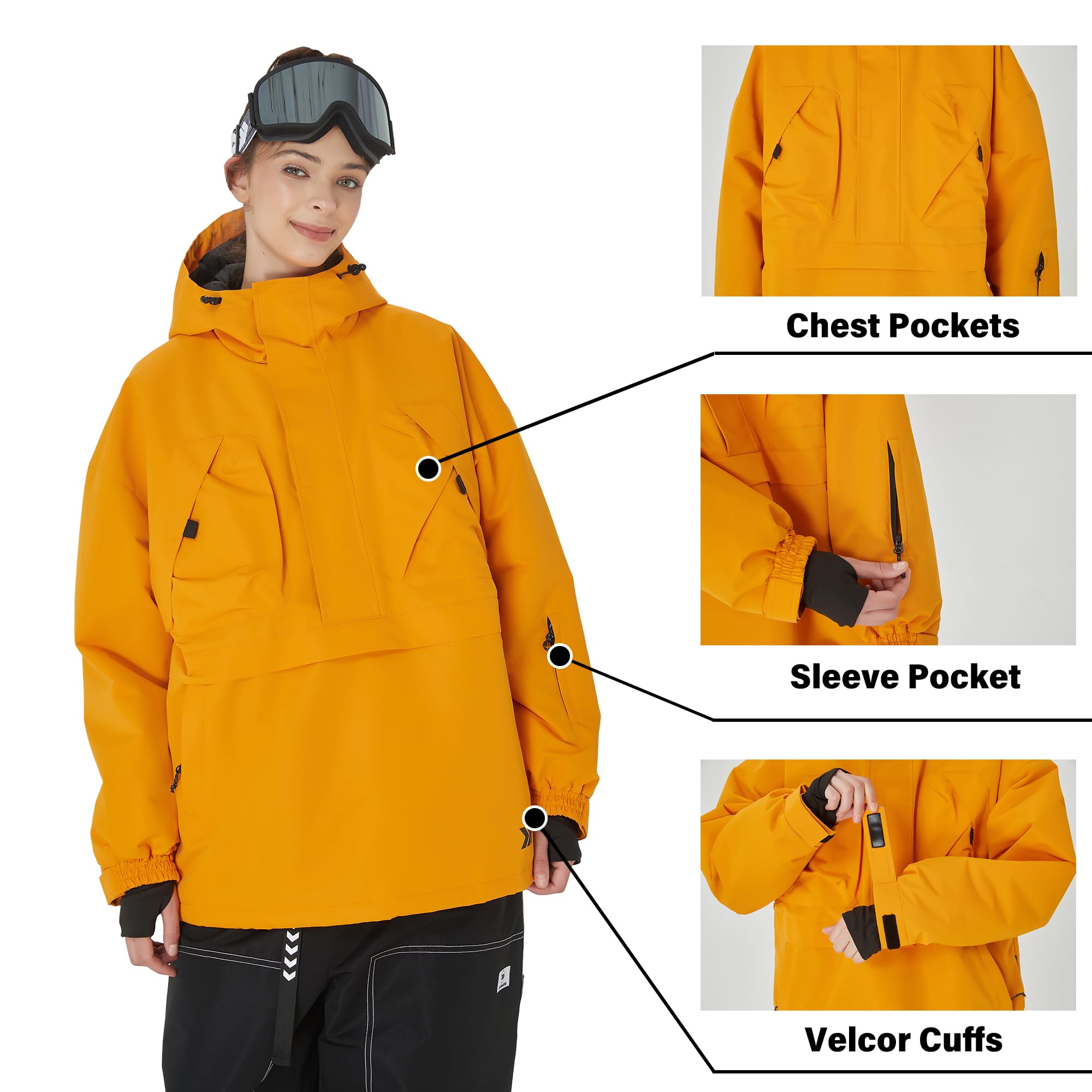 SNOWVERB Men's & Women's Waterproof Insulated Snowboard Jacket - Half-Zip Anorak Hooded Ski Coat for Snowboarding & Winter Outdoor Activities