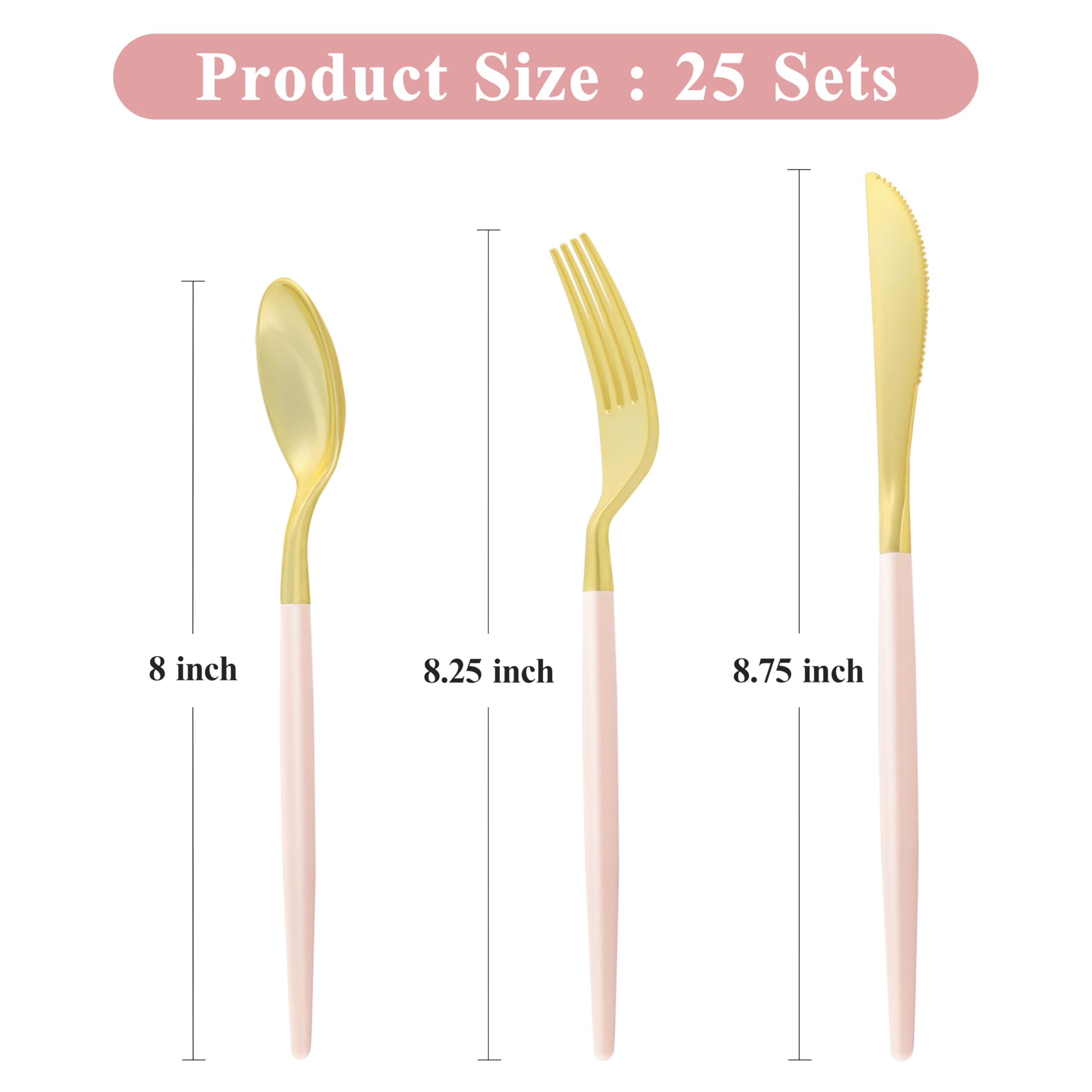 75-Piece Pink Gold Plastic Cutlery Set for 25 Guests - Disposable Silverware for Parties, Weddings, Valentine's Day - Includes 25 Knives, 25 Spoons, 25 Forks - Perfect for Birthday Celebrations, Bridal Showers, and Outdoor Events