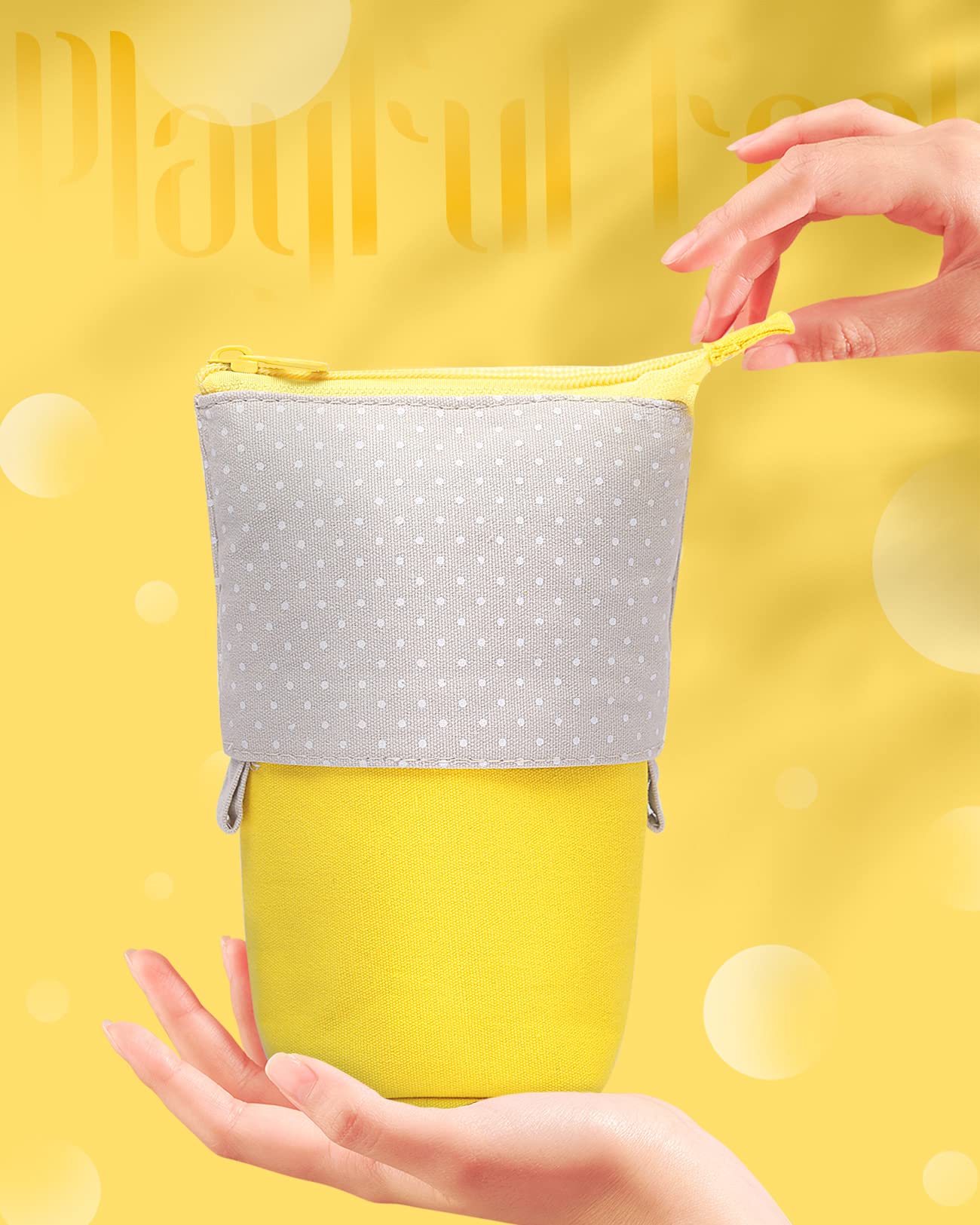 Sooez Telescopic Stand Up Pencil Case - Cute Portable Kawaii Pencil Pouch Holder for School & Office Supplies - Spacious Yellow Pen Organizer (Perfect for Desks, Backpacks & Gift Giving)